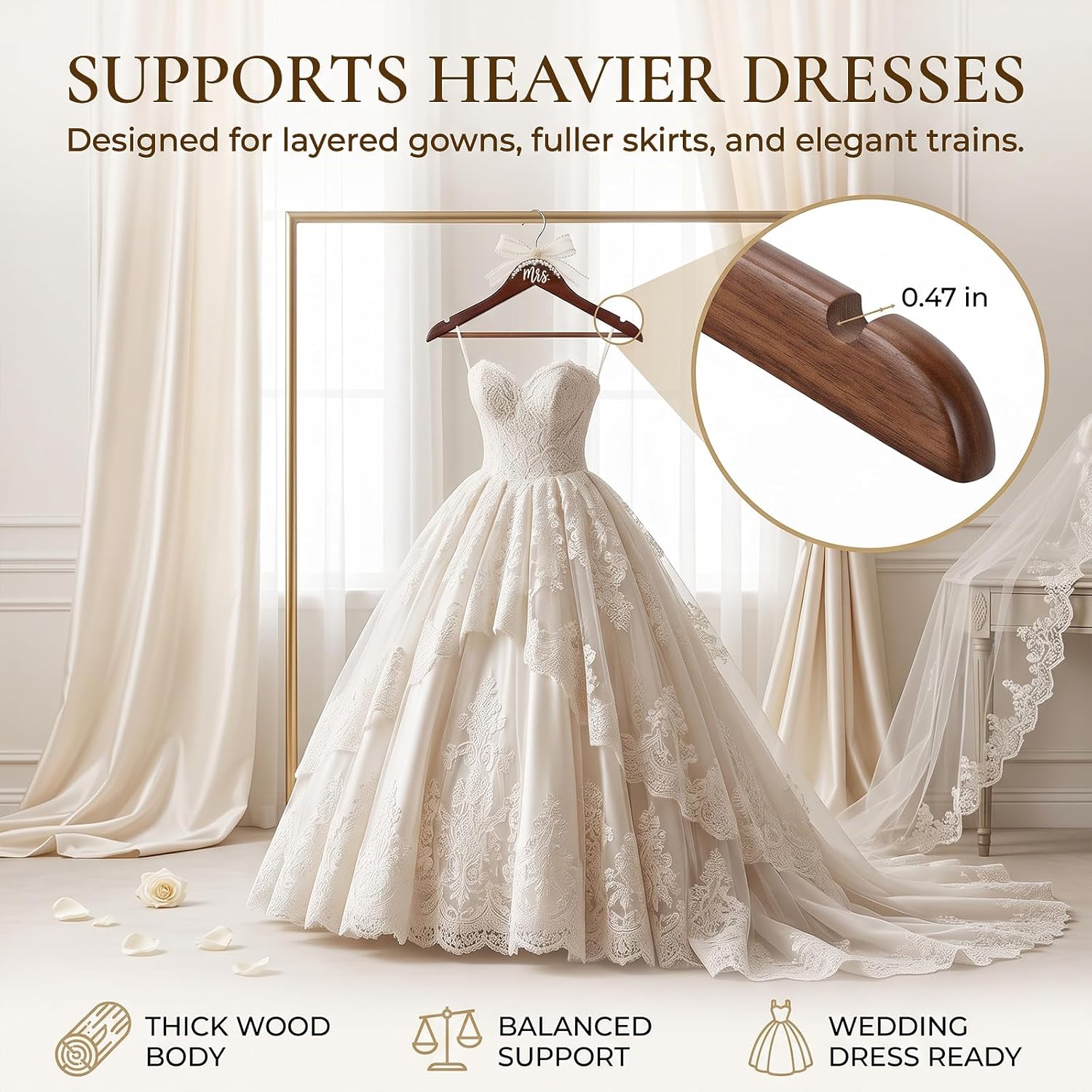 Wedding Dress Hanger for Bride, Wooden Mrs Bridal Hanger, Walnut