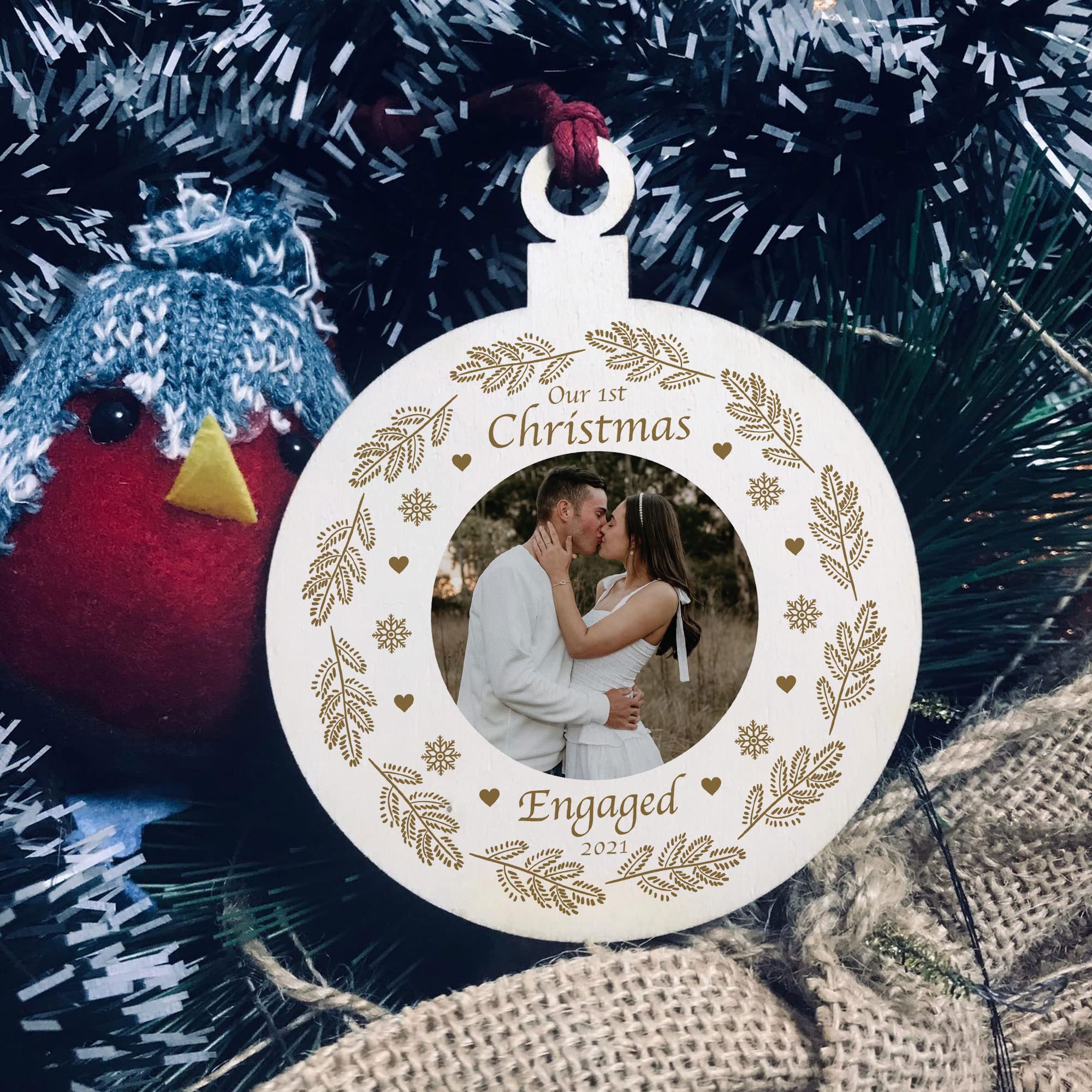 Red Ocean Red 1St Christmas Engaged Bauble Personalised Photo Hanging Bauble Fiance Gift