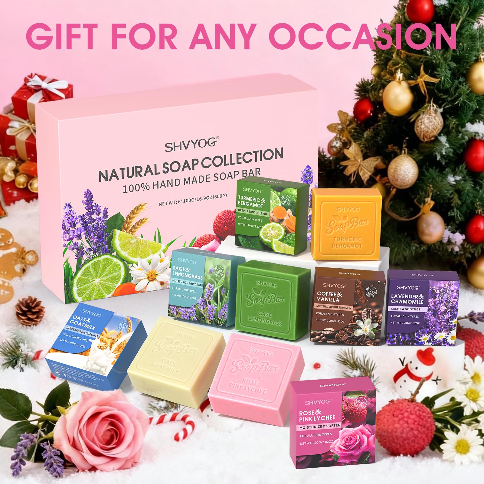 SHVYOG Natural Soap Bar Gift Set, 6PCS Soap Mothers Day Gifts for Mom, with Organic Ingredients & Essential Oils, Cleanses & Softens Skin, Moisturizing, Gifts for Women - 100G*6