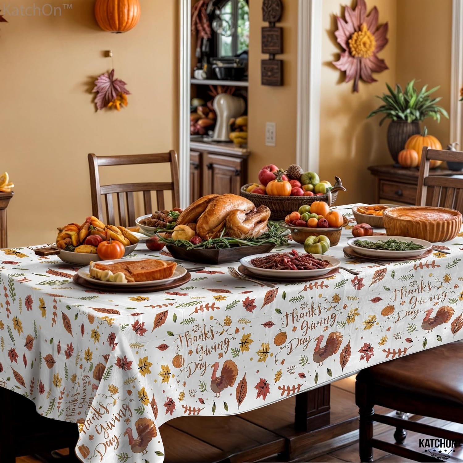 KatchOn, Thanksgiving Tablecloth and Wooden Turkey Decor Set – Pack of 5 | Large Disposable Fall Table Covers with Rustic Mini Wood Book Stack for Thanksgiving Table Decorations, Friendsgiving Decor