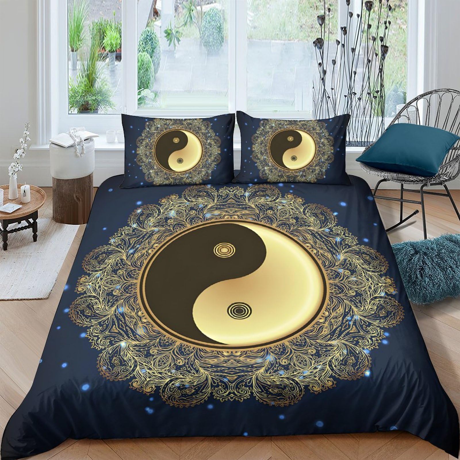 Ctjqhvkz Style-1 3D Printed Yin Yang Mandala Fitted Sheet Microfiber Bedroom Decor Black Gold Bed Cover For Home Guest Room Single（135X200cm）