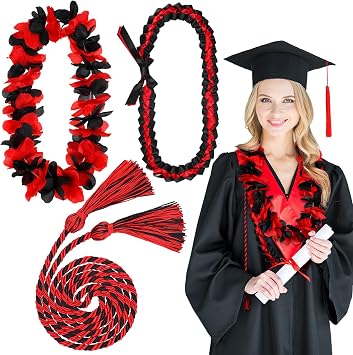 2026 Graduation Leis Set Include Hawaiian Flower Lei Garland Handmade Ribbon Necklace Braided Honor Cords with Tassels for Class of 2026 Graduation Party Favor SuppliesRed and Black