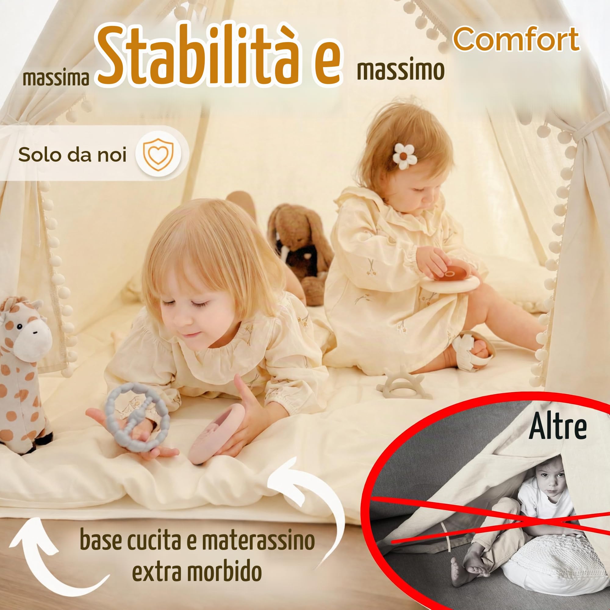 LIONHERZ® Tipi Tenda per Bambini in 100% Cotone Con Tappetino, Borsa e Gioielli in Piuma - Teepee da Gioco Stabile per Interni ed Esterni