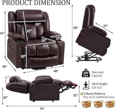 Triple Motor Large Power Lift Recliner Chair for Elderly with Heat and Massage, Lay Flat Lift Chairs for Seniors Infinite Position, Extended Footrest, USB Ports (Dark Brown)