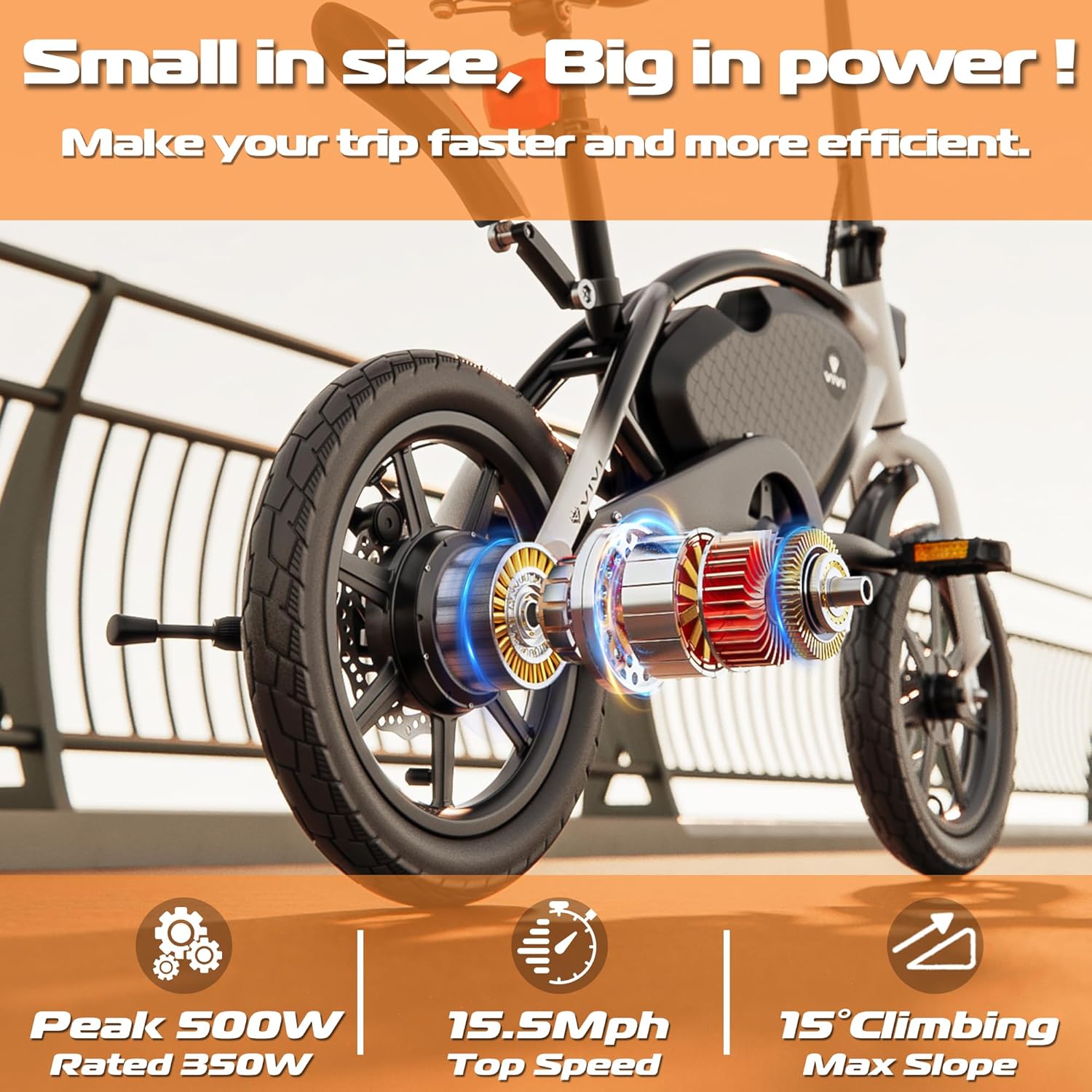 Vivi PONY01 Electric Bike, 14" Electric Bicycle for Adults and Teens Peak 500W Motor 48V 374.4WH Battery, Max 40 Miles Range(Pedal-Assist) & Top 20 Mph, Cruise Control, SGS Certified to UL2849