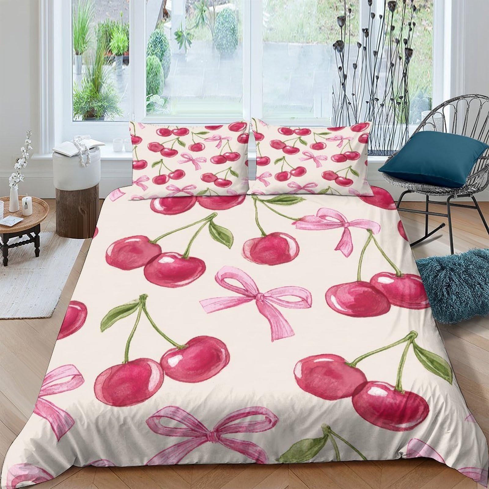 Ctjqhvkz Style-9 3D Printed Cherry Bow Fitted Sheet Microfiber Soft Breathable Pink Fruit Bed Cover For Bedroom Guest Room Decor Single（135X200cm）