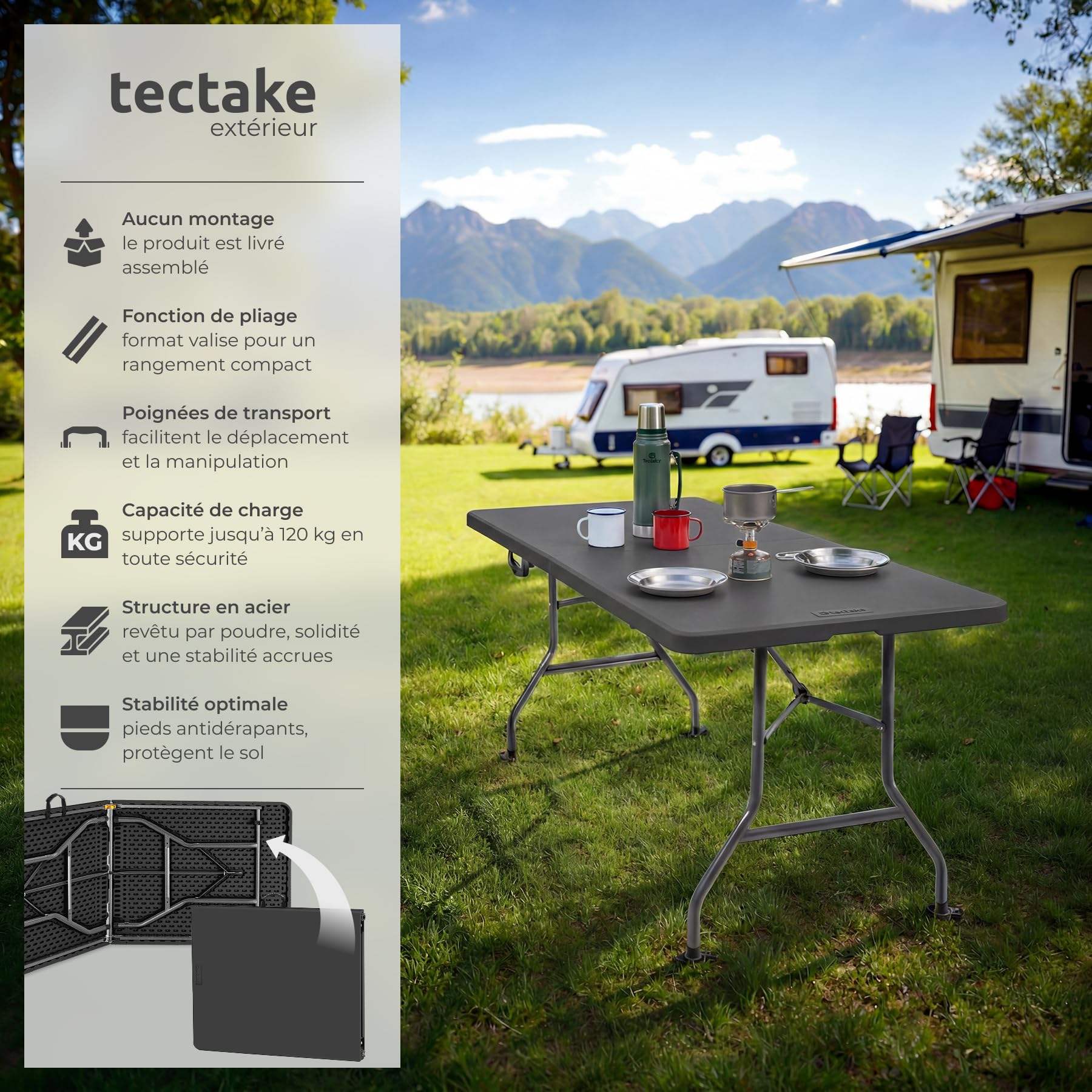 tectake® Table de Camping Pliable 180 x 70 x 74 cm, Plastique Robuste, Résistante aux intempéries, Charge Max. 120kg, Poignée de Transport caoutchoutée, Table de Pique-Nique, Jardin, Camping - Gris