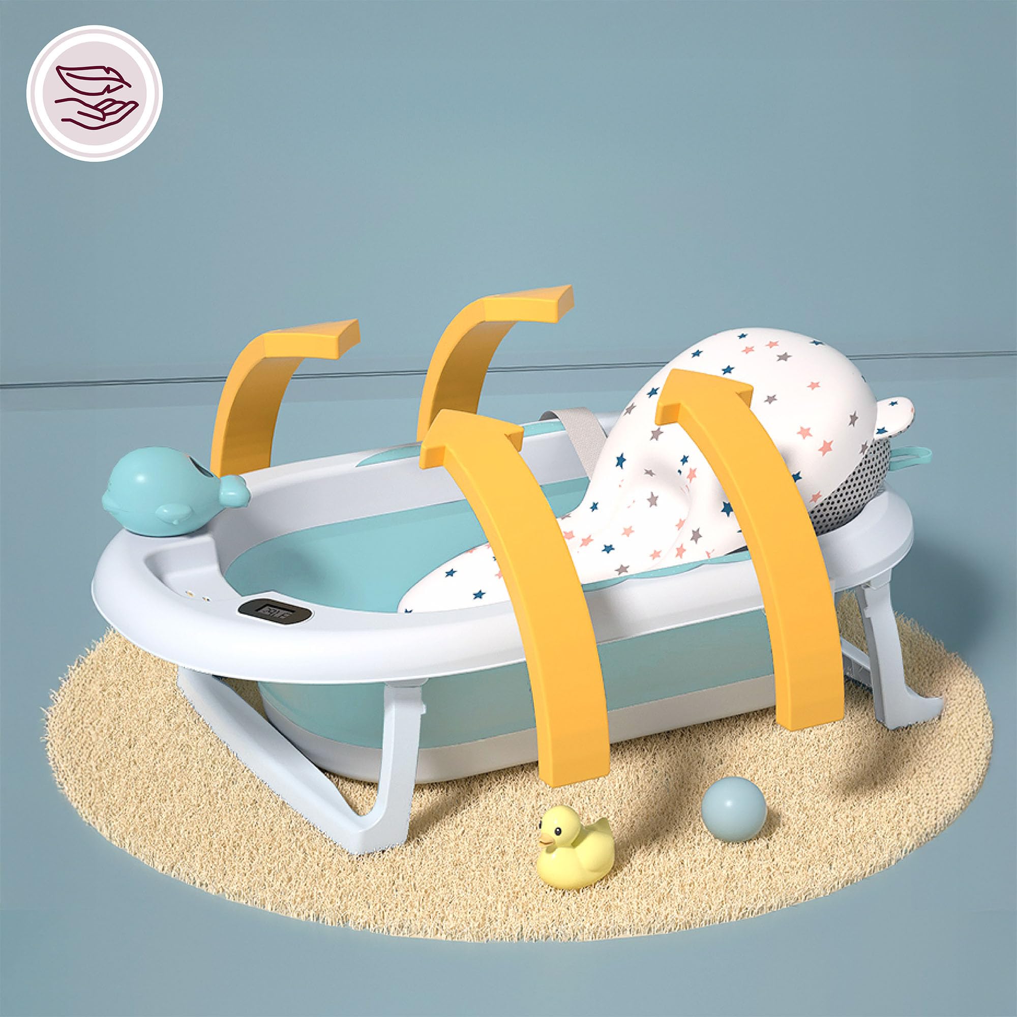 Moby-System Bañera Bebé Plegable con Termómetro LCD Incluye Inserto Soporte Alto y Bajo Vasito de Ballena – Compacta y Segura desde Recién Nacido – Menta