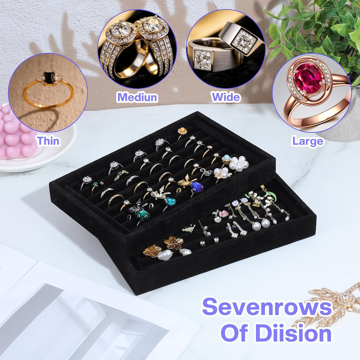MAQUITA 6 Pcs Jewelry Ring Tray 7 Slots Ring Organizer Stackable Holder for Jewelry Display Drawer Insert for Dresser Earring, Black