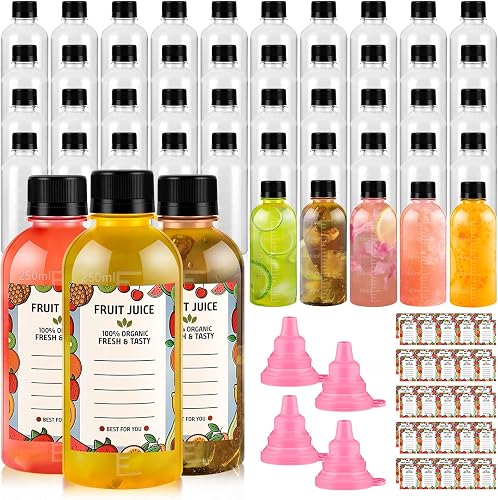48 botellas de plástico para chupitos de jugo de 8 onzas con tapas, botellas tra