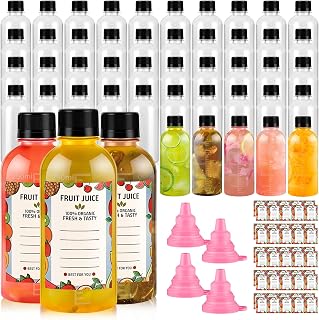 48pcs 8oz Plastic Juice Shot Bottles with Caps, Clear Ginger Shots Bottles with Lids, Reusable Plastic Bottle for Liquids, Leak Proof Containers for Juice, Milk and Ginger (48pcs, 8OZ)