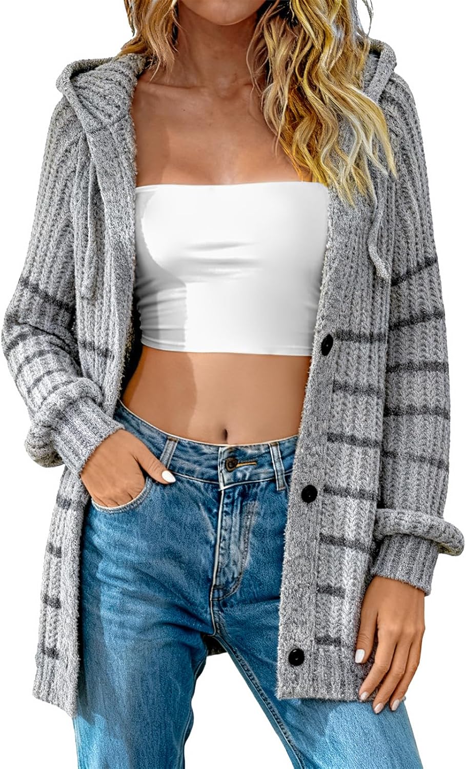 ARCTHLEX Women's Knitted Cardigan Sweater Button Down Hooded Sweaters V Neck Long Sleeve Hoodies for Fall Winter