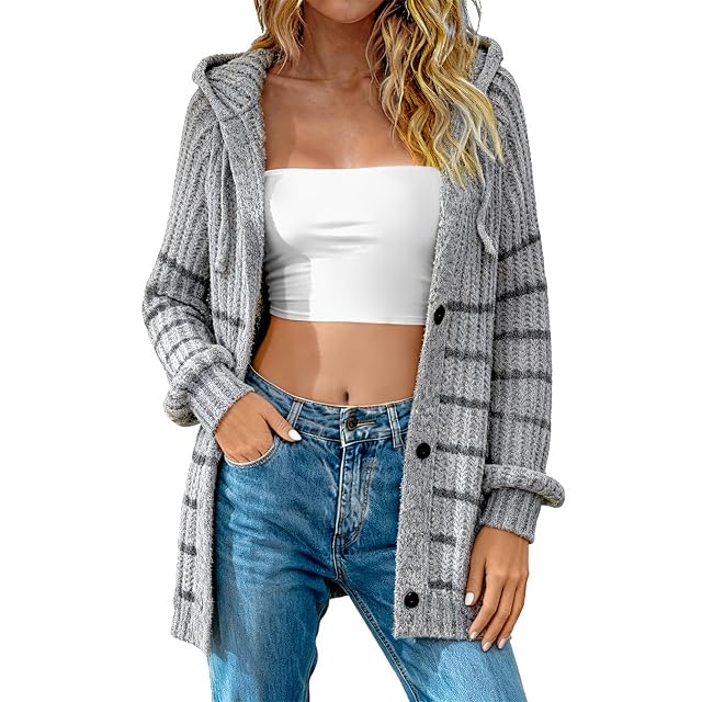 Womens Knitted Cardigan Sweater Button Down Hooded Sweaters V Neck Long Sleeve Hoodies for Fall Winter