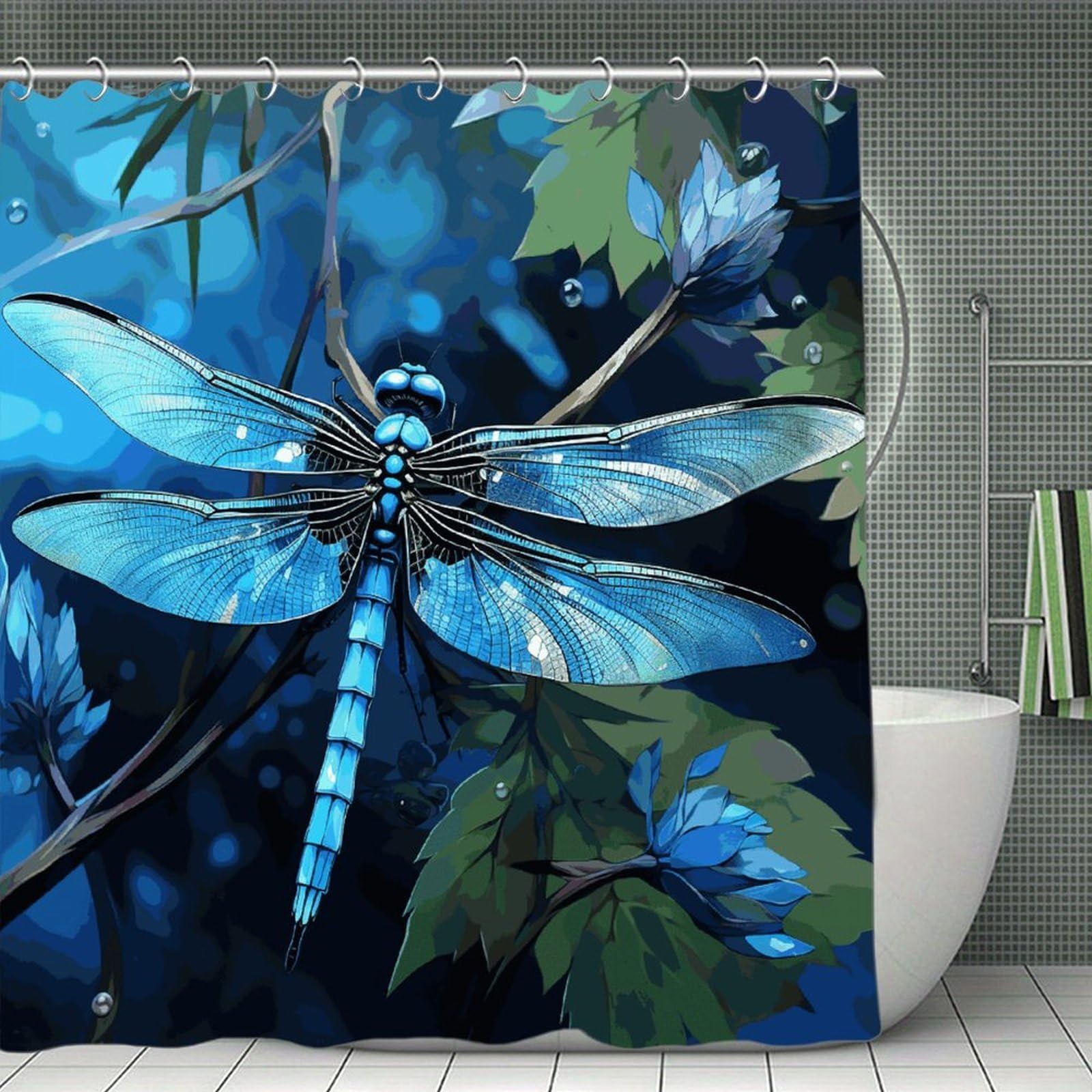 VstaDank Art Blue Dragonfly Shower Curtain 71x71 Heavy Duty Polyester Cloth Bath Curtain with Hooks Thick Waterproof Shower Liner Fun Magic Decorative Bathroom Curtains for Bathtub