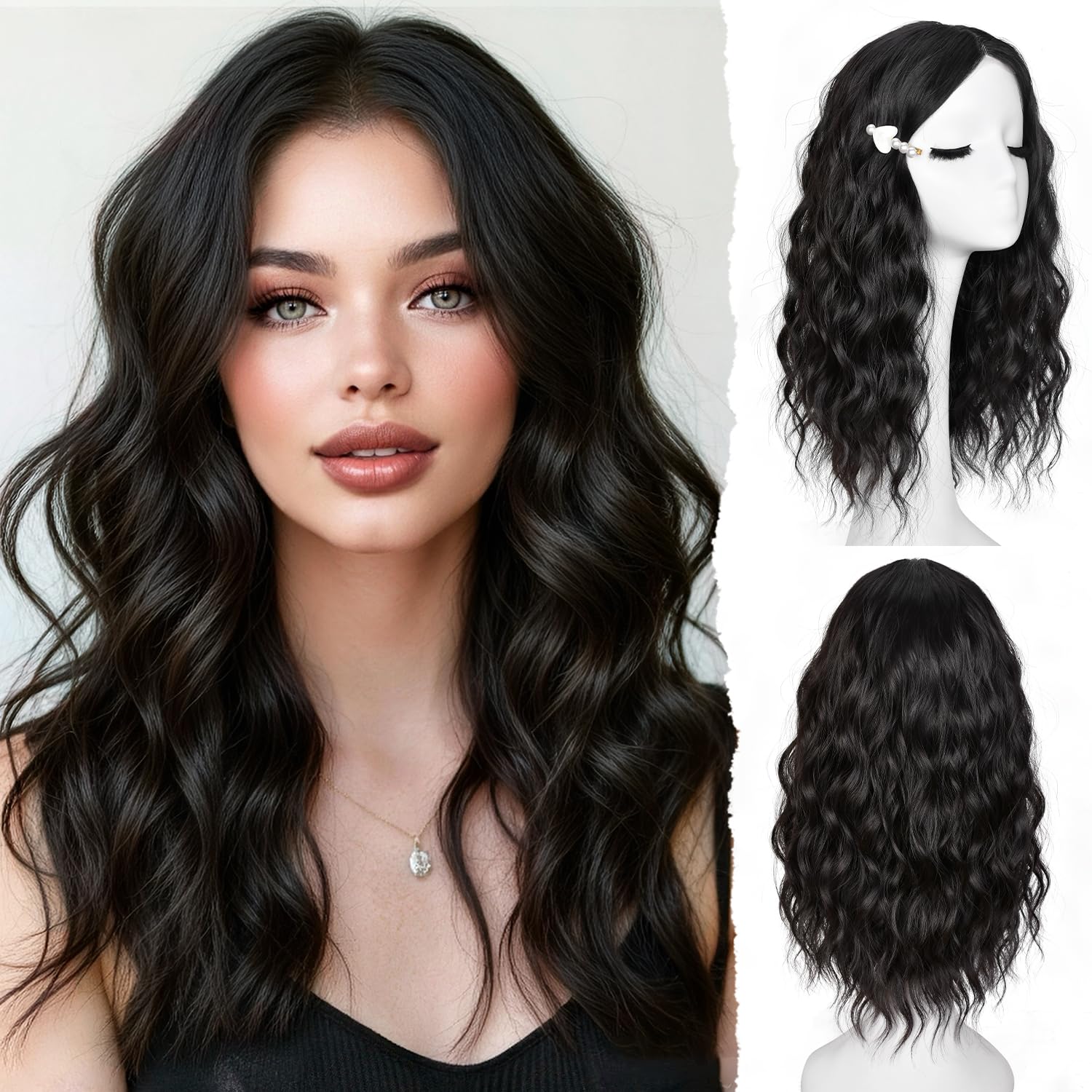 RunM Short Wavy Wigs for Women Bob Wavy Wig T-Part Lace Hairline Style Synthetic Heat Resistant Fiber Hair for Daily Work Use Chocolate Brown