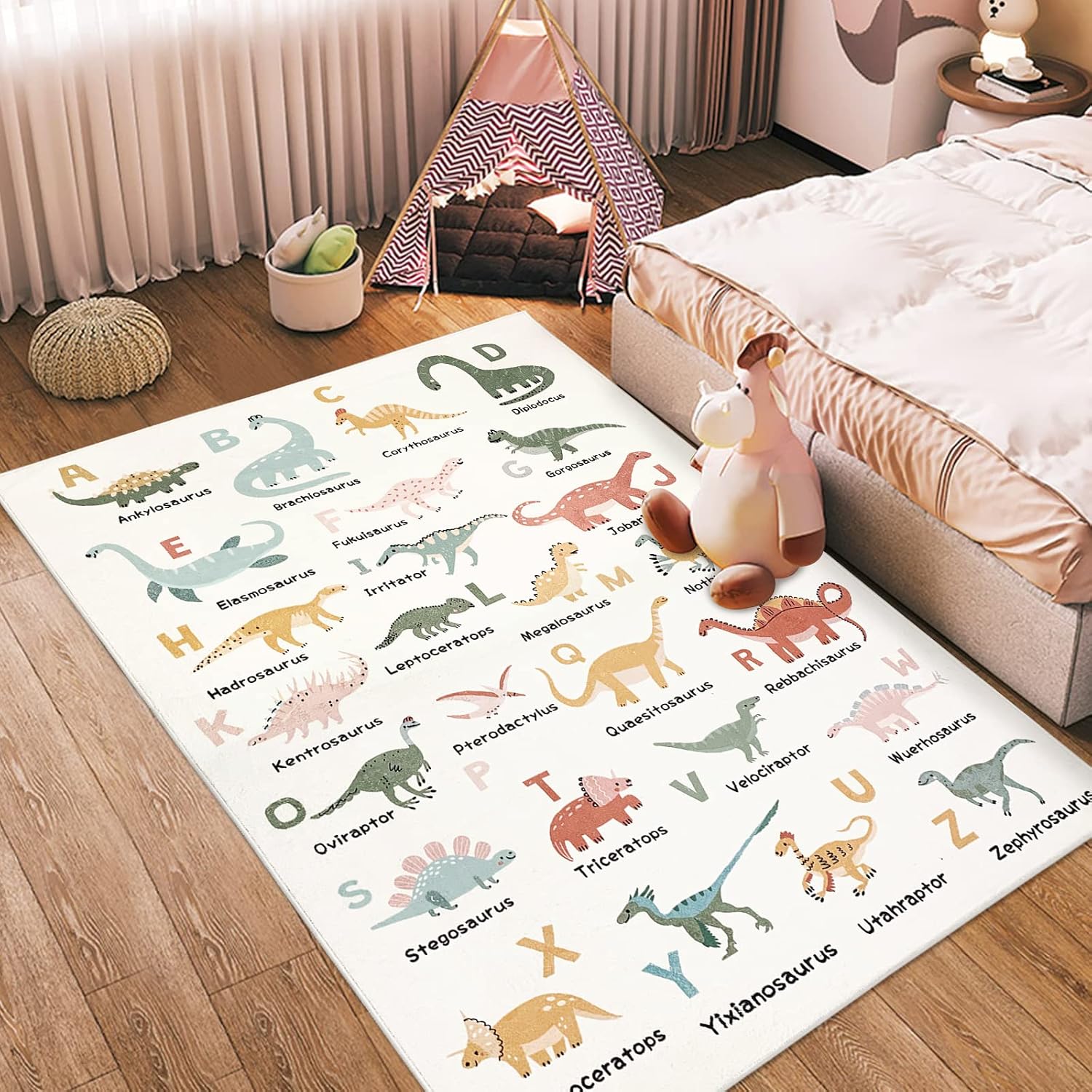 39.4"x59" Modern Dinosaur ABC Alphabet Kids Play Area Rug, White