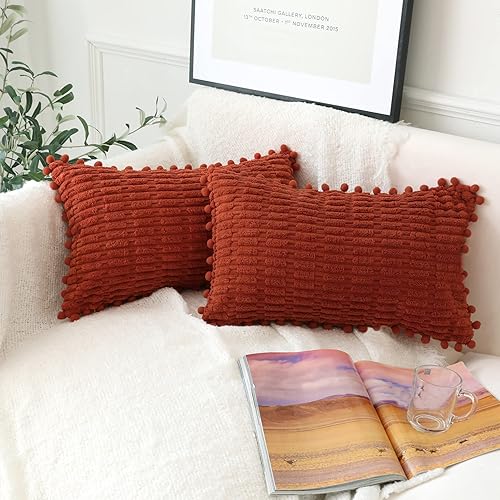 Miniatura 1 de sykting Juego de 2 fundas de almohada decorativas de color naranja quemado de 12 x 20 pulgadas, suaves y a rayas con pompones, para sofá, cama, sala
