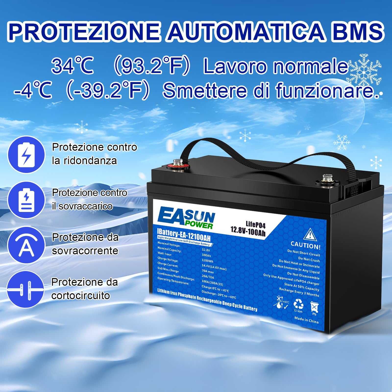 POWLAND Batteria LiFePO4 12V 100Ah con Oltre 6000 Cicli di Profondità,Batteria Litio 12V e di Protezione BMS e Schermo LED，Perfetta per Marine, Pannello Fotovoltaico, Casa (12V 100AH)