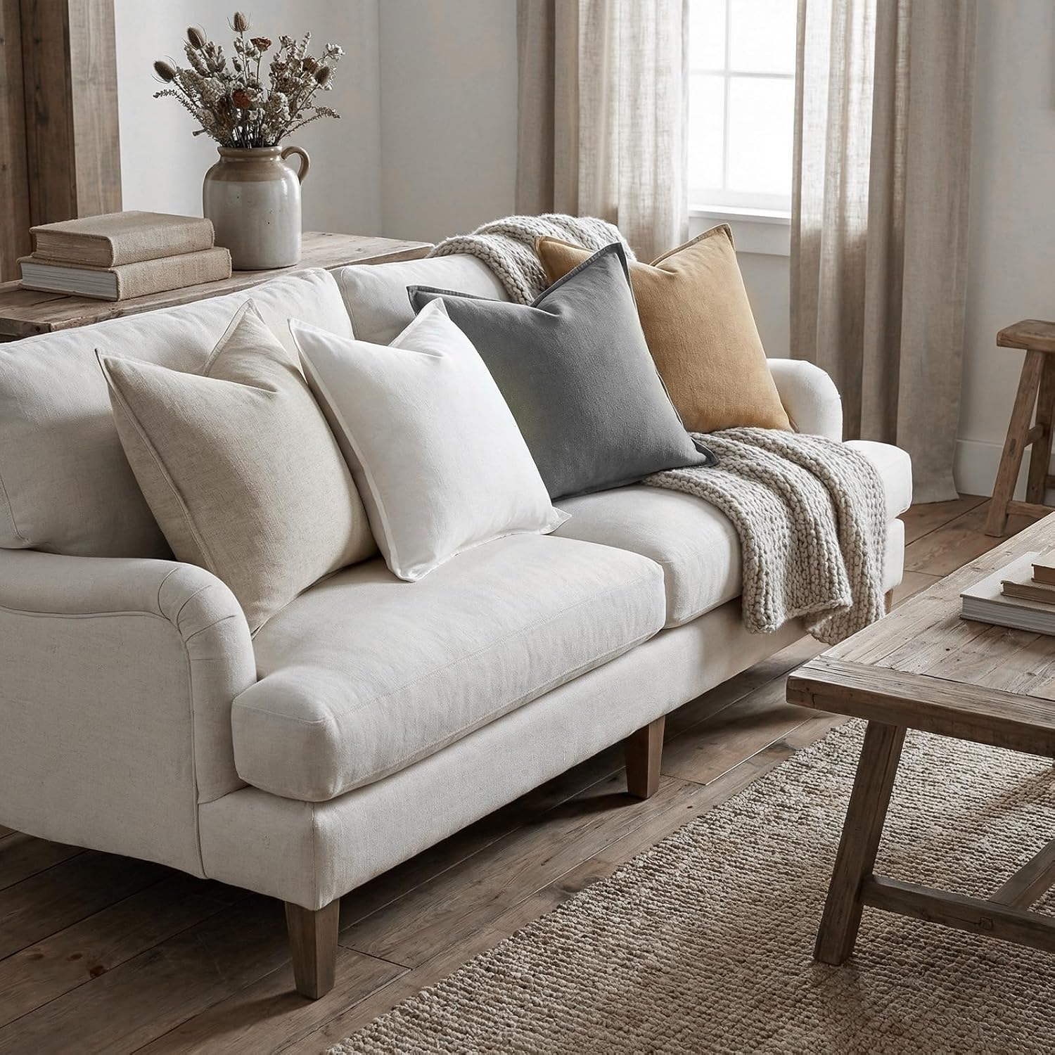 4 Pack 20x20 Inch Linen Pillow Covers Decorative Neutral Linen Throw Pillows Cases, Soft Rustic Cushions Boho Farmhouse Pillowcases for Bed Sofa Living Room Spring Decor(Neutral Color)