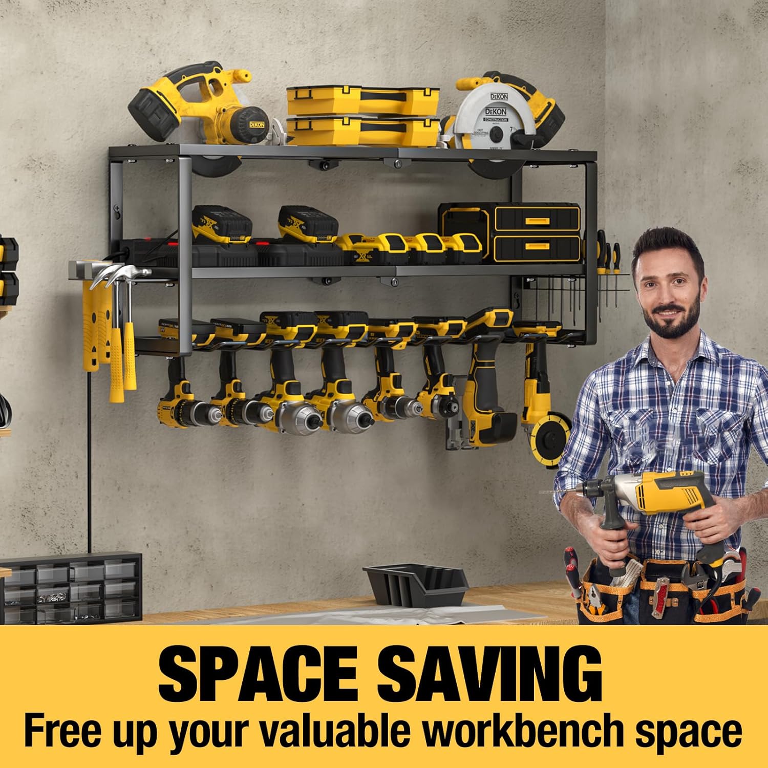 YYR Heavy Duty Power Tool Organizer with Charging Station, Cordless Drill Hanger Storage Rack, Battery Tools Holder Wall Mount Shelf for Garage - 32 Inch Equipped with Surge Protection Power Strip