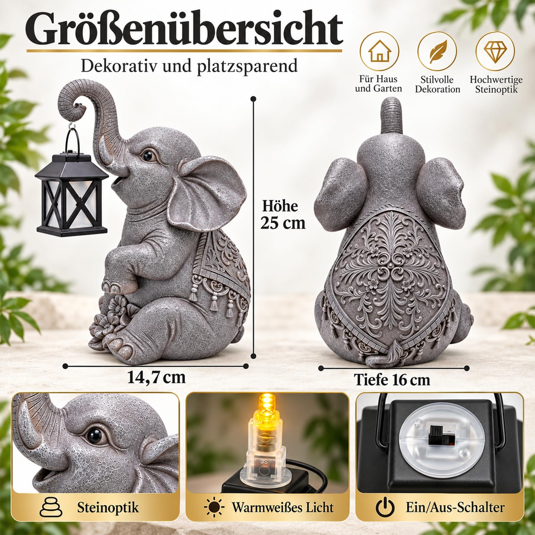 Sunshine smile Statua decorativa da giardino a forma di elefante con lanterna, decorazione da giardino per esterni, regalo per mamma, decorazione per terrazza, balcone
