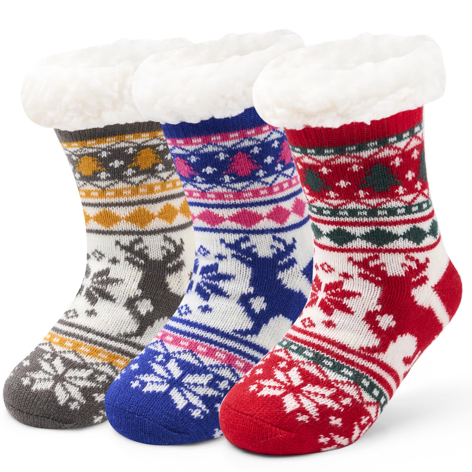 Aisyee 3 Paare Kindersocken Dicke Wintersocken Jungen Haussocken Mädchen bodensocken Kinder antirutschsocken Jungen Warme Kuschelsocken 23-31/3-10 Jahre