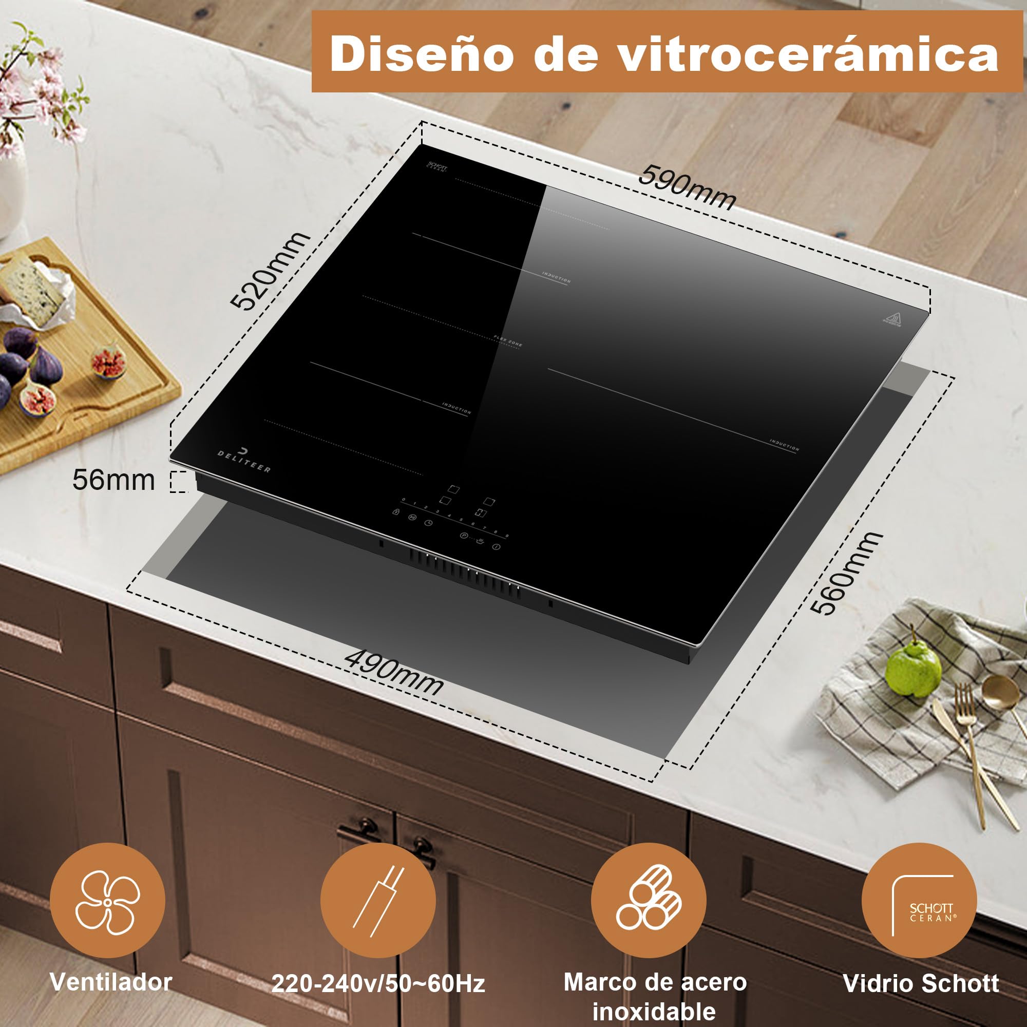 Placa Induccion 3 Fuegos, 60 cm, Marco de Acero Inoxidable | Empotrado, Zona Flexible, Bloqueo de Seguridad Para Niños, Temporizador, 220 V~240 V, 6800 W