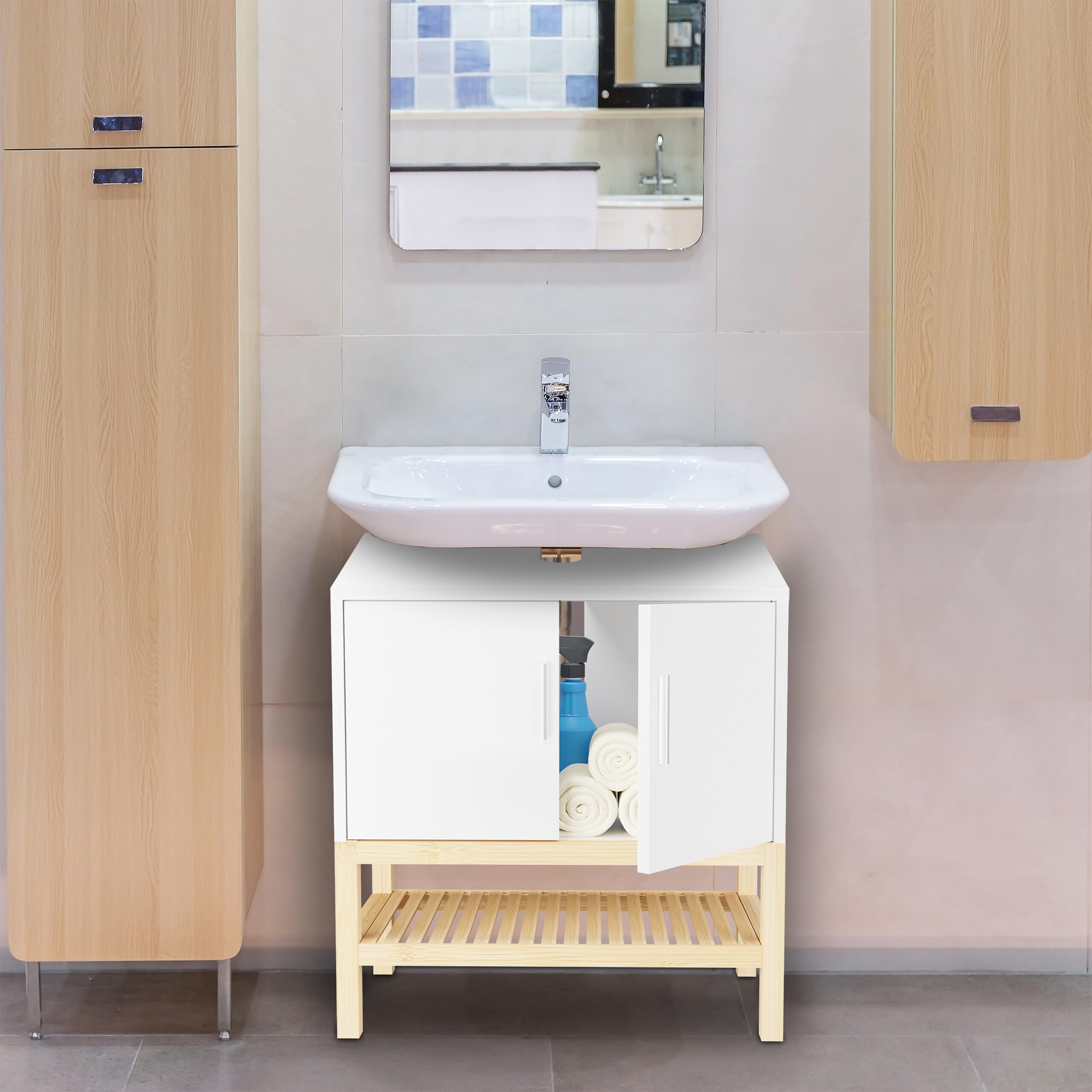 Relaxdays Mobiletto Sottolavabo, Armadietto per Lavandino, Mobile Bagno, HLP 60,5x60x33 cm, bambù e MDF, Bianco Naturale