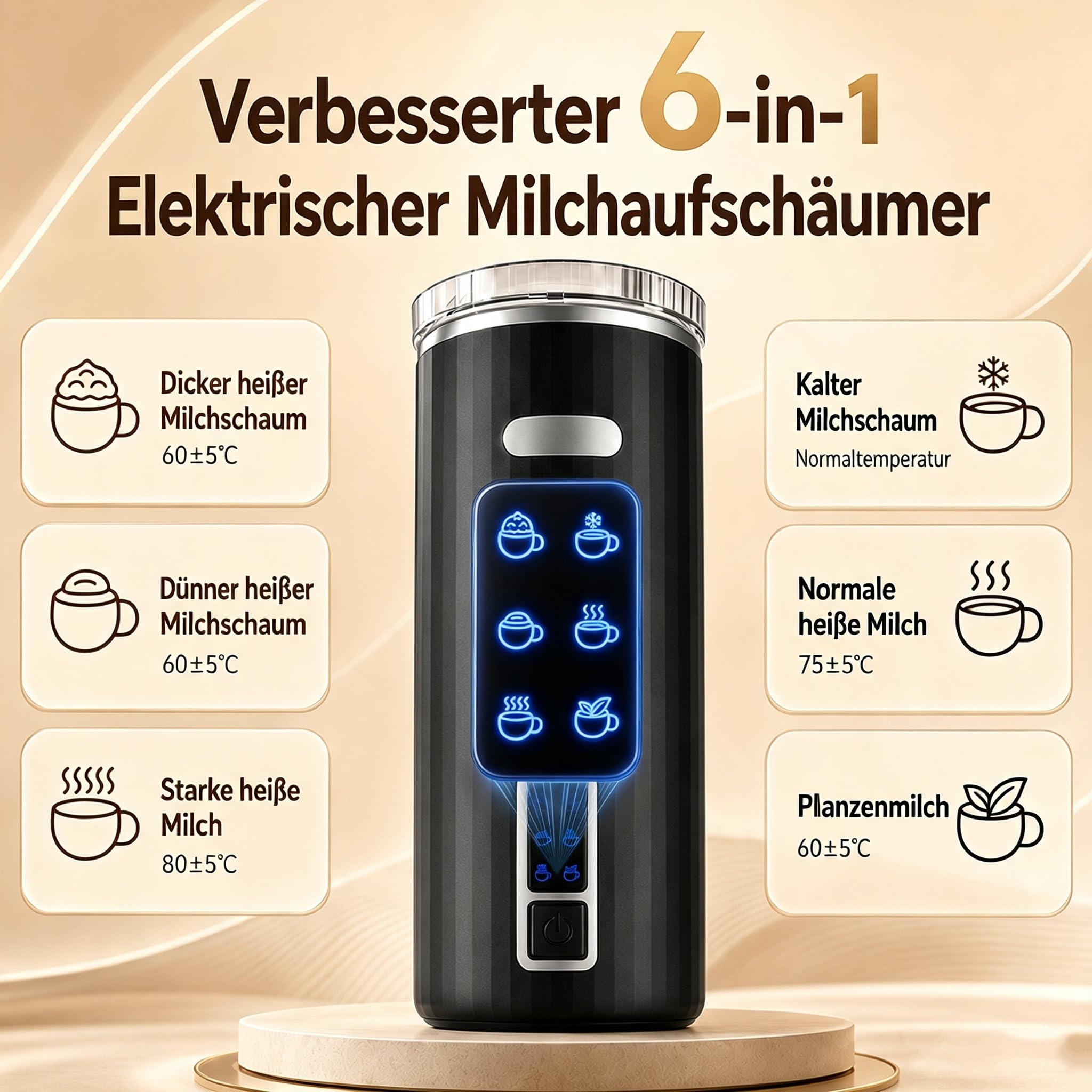 VIOWEY Espumador de leche eléctrico 6 en 1 – Espumador de leche automático de 250 ml, gran capacidad, apagado automático, funcionamiento silencioso, adecuado para espuma de leche caliente y fría