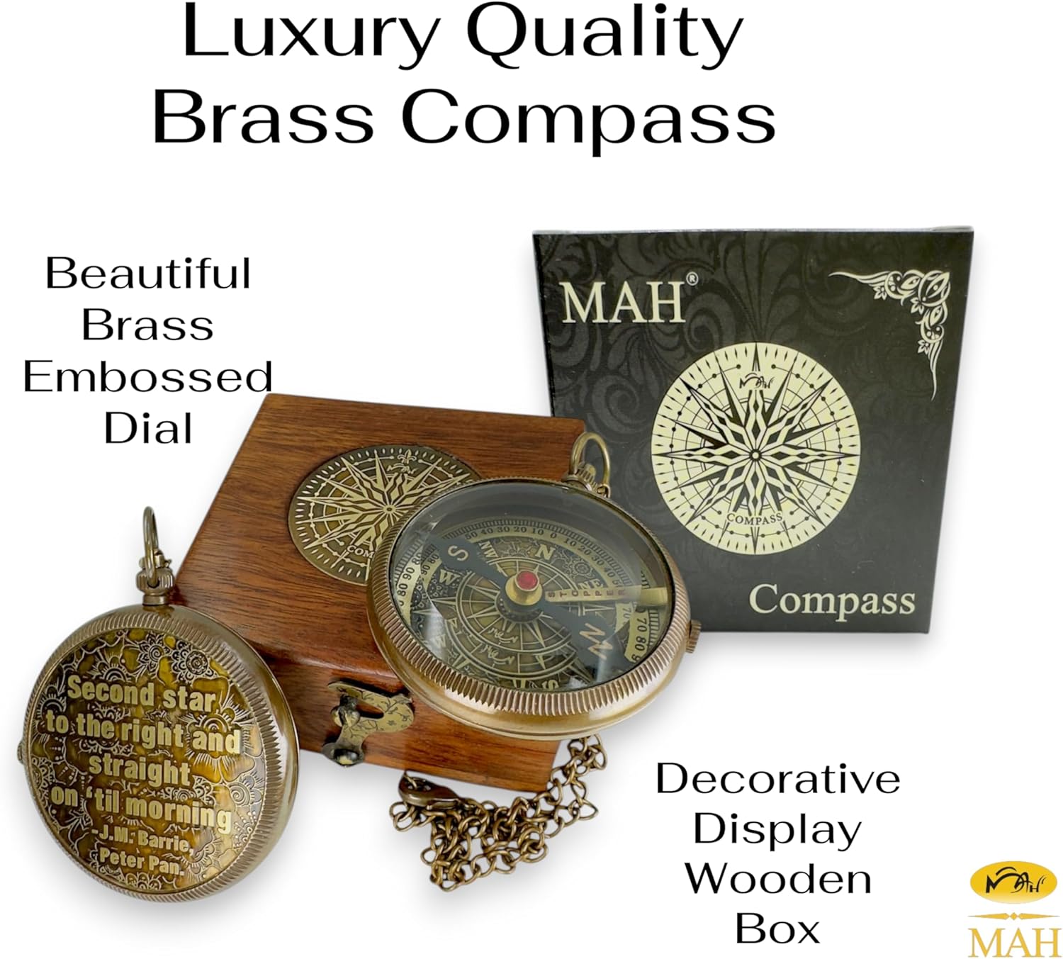 Brass Compass with “Second Star to the Right” Embossed Dial – Inspirational Pocket Compass Gift for Son, Daughter, or Friend | Motivational Keepsake for Graduation, Birthday, Christmas, or Travel gift