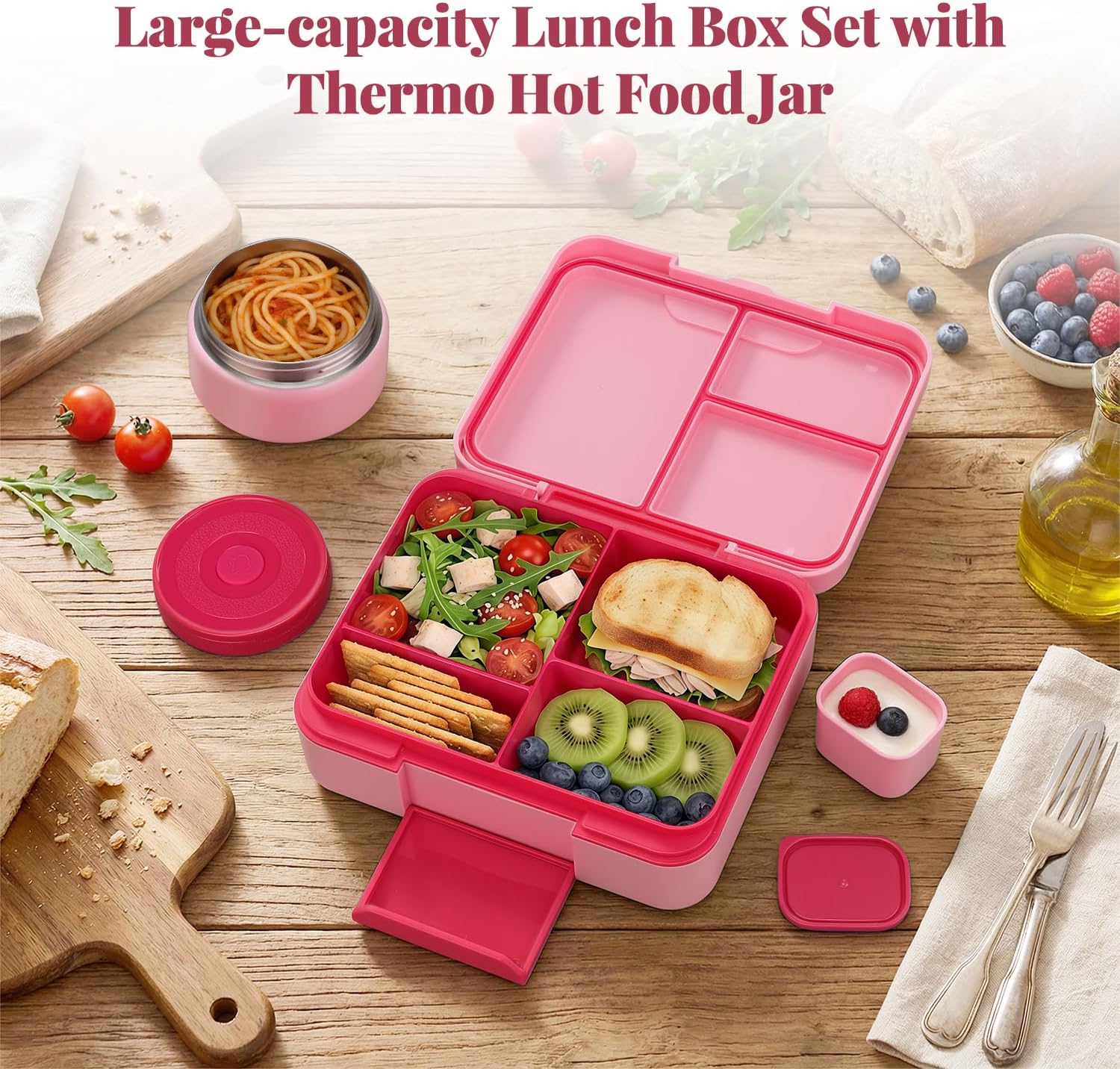 HWONMTE Bento Lunch Box Set for Kids with 9.5oz Soup Thermo Leak-Proof Lunch Food Container with Insulated Hot Food Jar for Kid Toddler Girls Boys Teens to School,Travel (Pink)