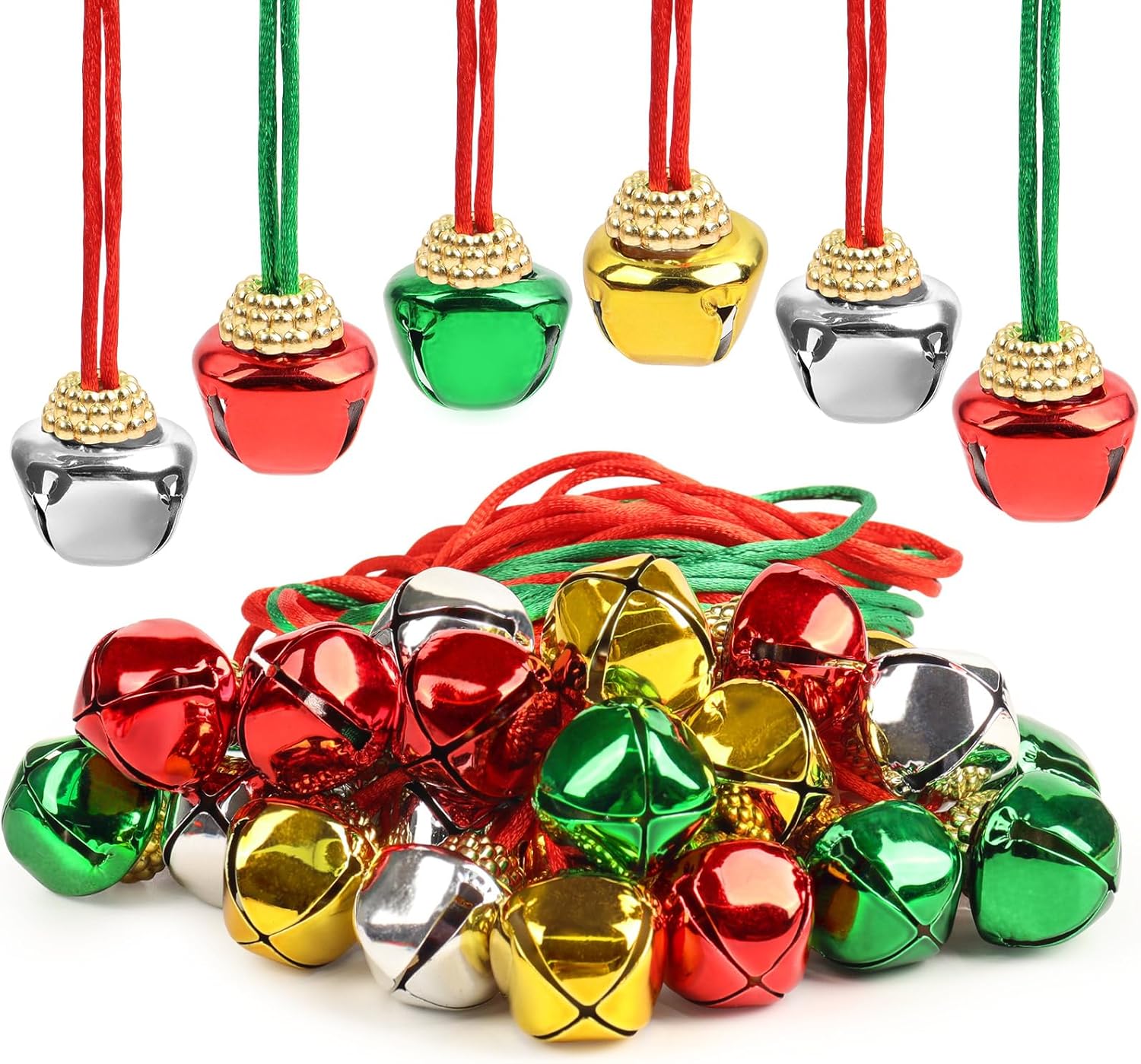 24 PCS Christmas Jingle Bell, Necklace Bells with Rope for Christmas Holiday Party Decoration Supplies (Red, Green, Silver, Gold)