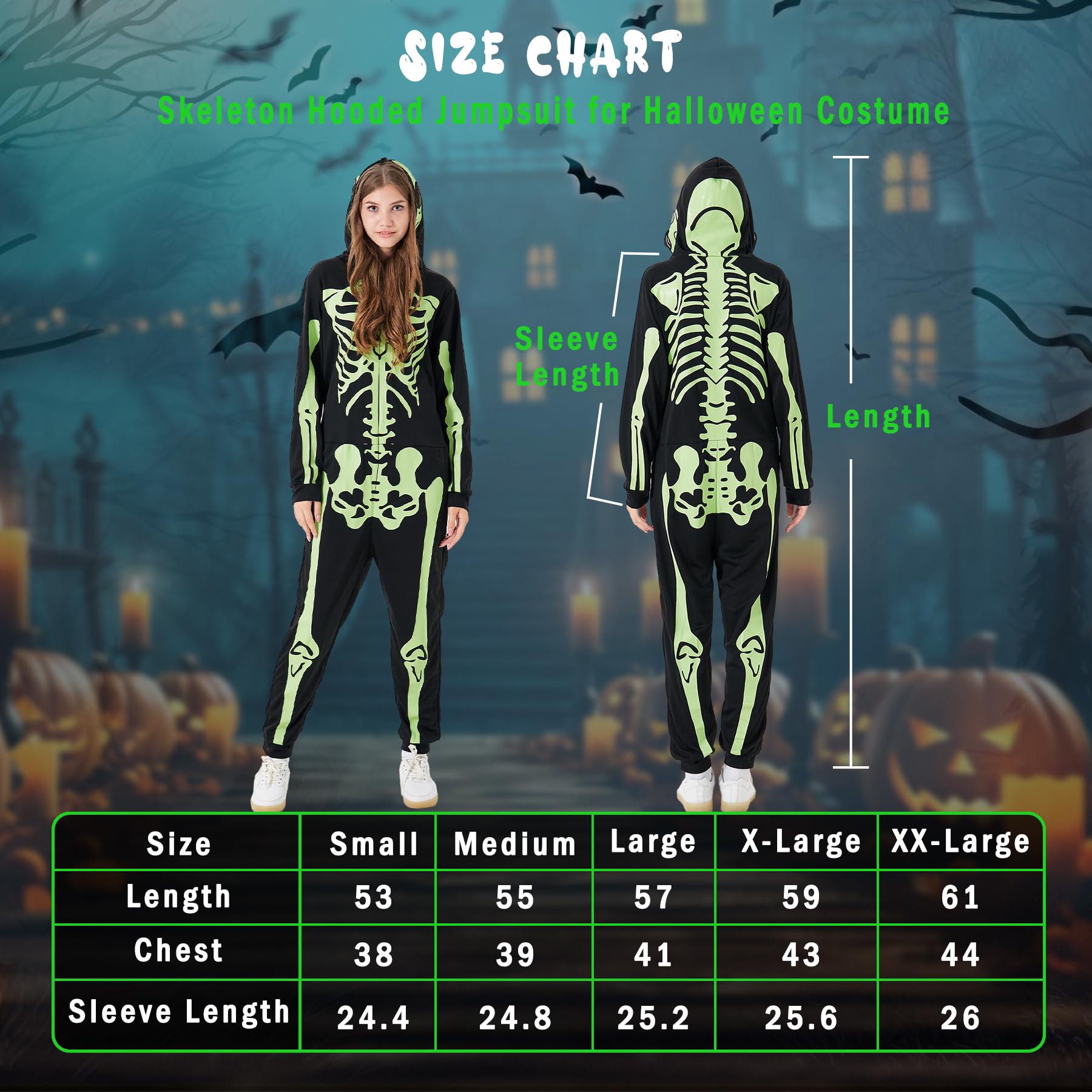 Disfraz unisex de esqueleto para adultos, overol de pijama que brilla en la oscuridad con cremallera y capucha para Halloween