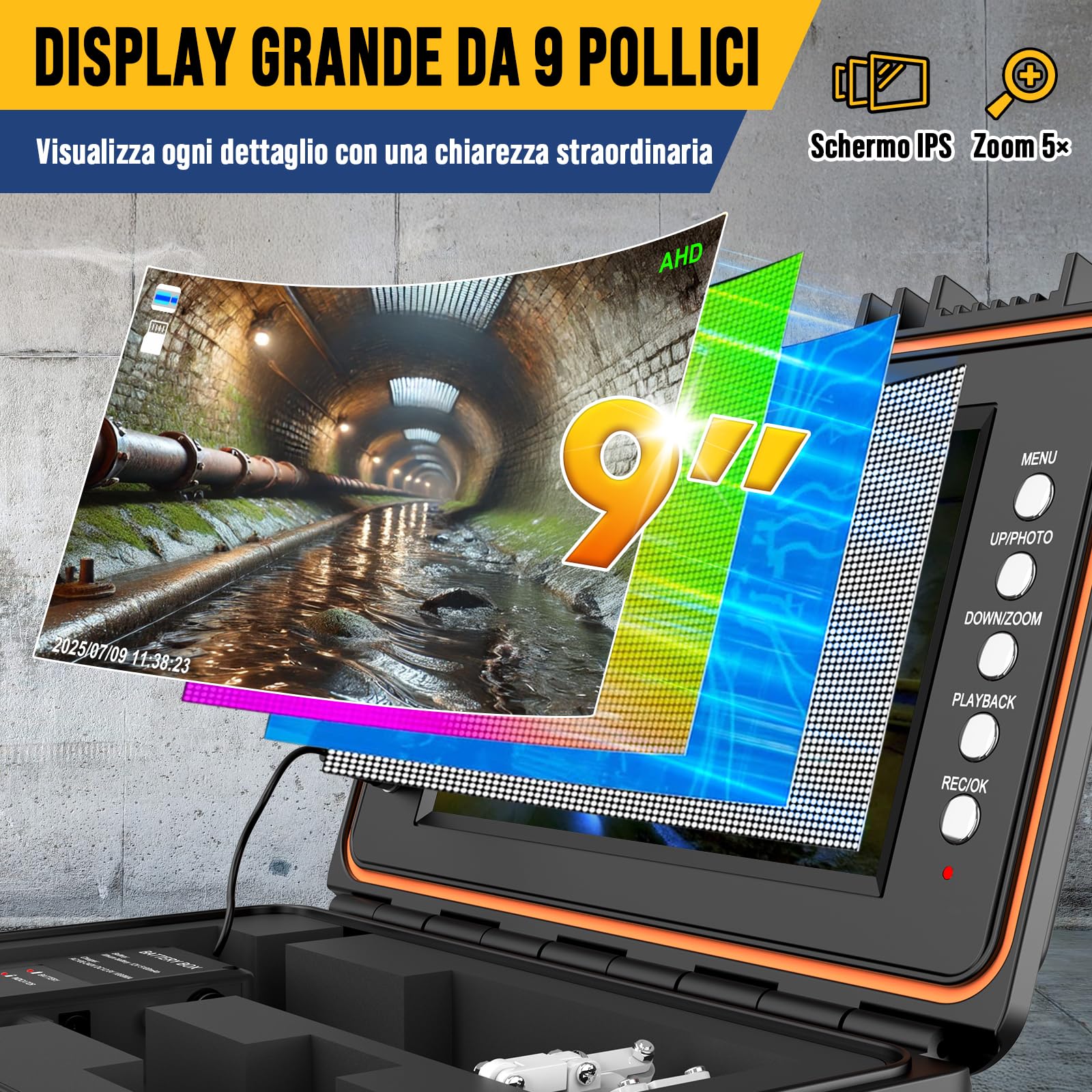 Telecamera Ispezione Tubi Con Sonda 512Hz E Funzione Auto-Livellante 1080P, Cavo Con Segni Metrici, Schermo IPS HD da 9 Pollici, DVR 32GB, Batteria 5100mAh, Impermeabile IP68 (30M)