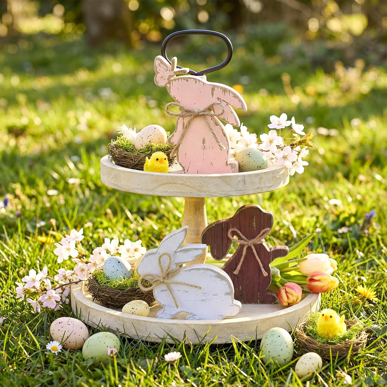 3 Pcs Easter Decor Bunny Table Decorations Wooden Rabbit Shaped Tabletop Centerpieces Farmhouse Rustic Pnik Bunny Table Sign with Rope Gifts for Tiered Tray Home Kitchen Shelf Mantal Spring - Image 3