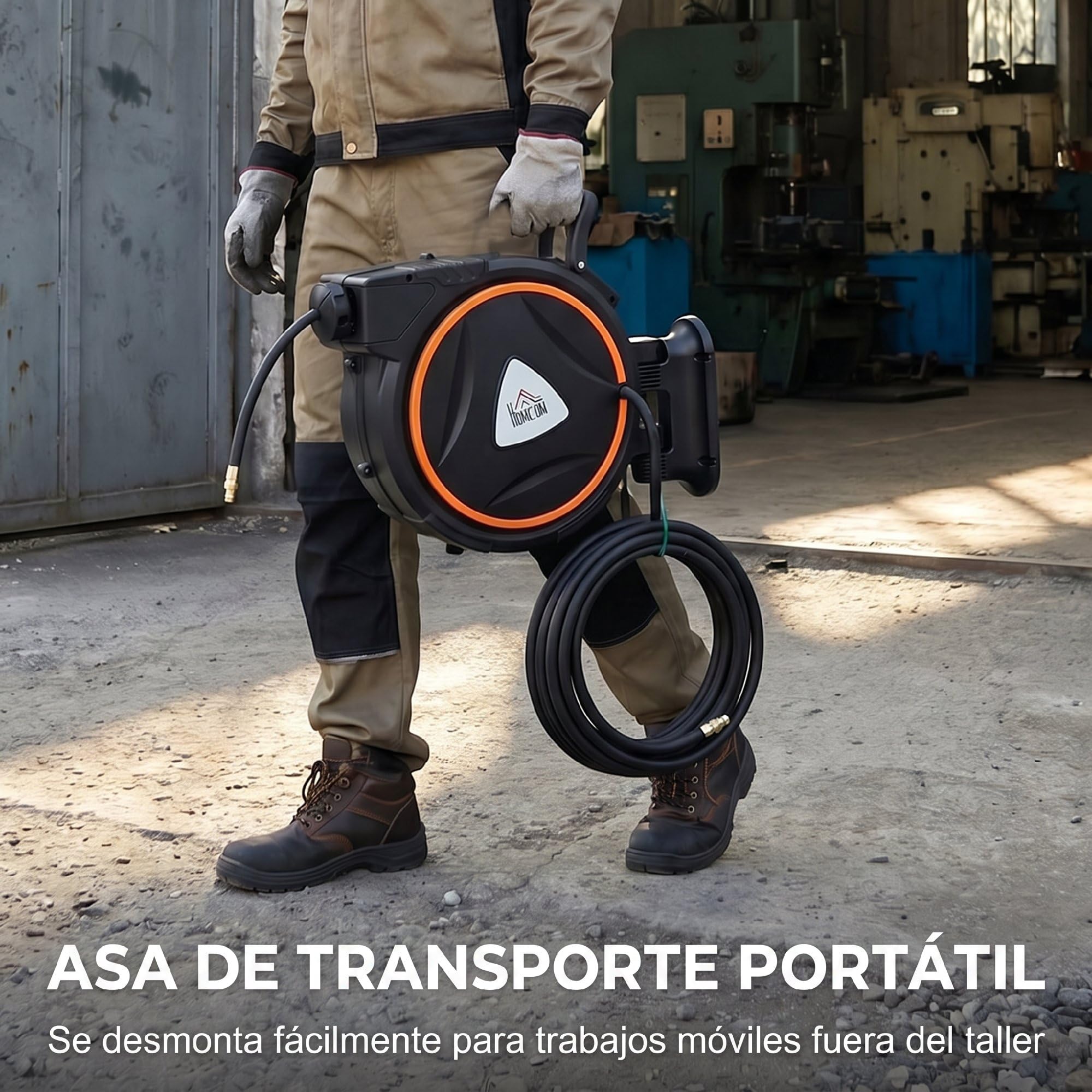 HOMCOM Carrete de Manguera de Aire Comprimido Automático de 20 m+2 m Negro | Conector de 1/4'' BSP, Manguera Compresor Aire, con Soporte para Pared Giratorio 180°