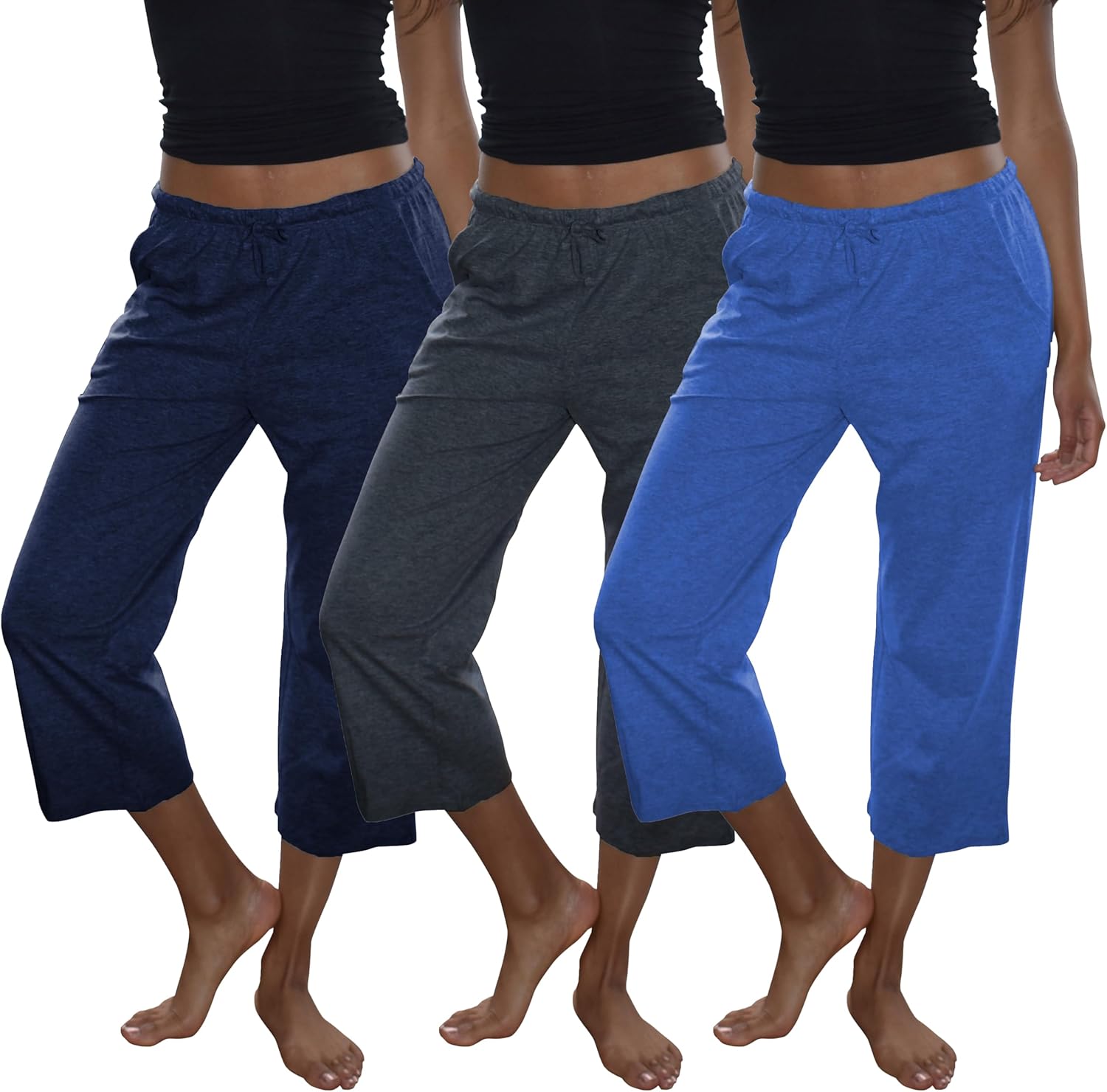 Sexy Basics Women’s 3 Pack Cotton Lounge Pants | Sleep -Capri -Yoga Style Drawstring PJ Bottoms