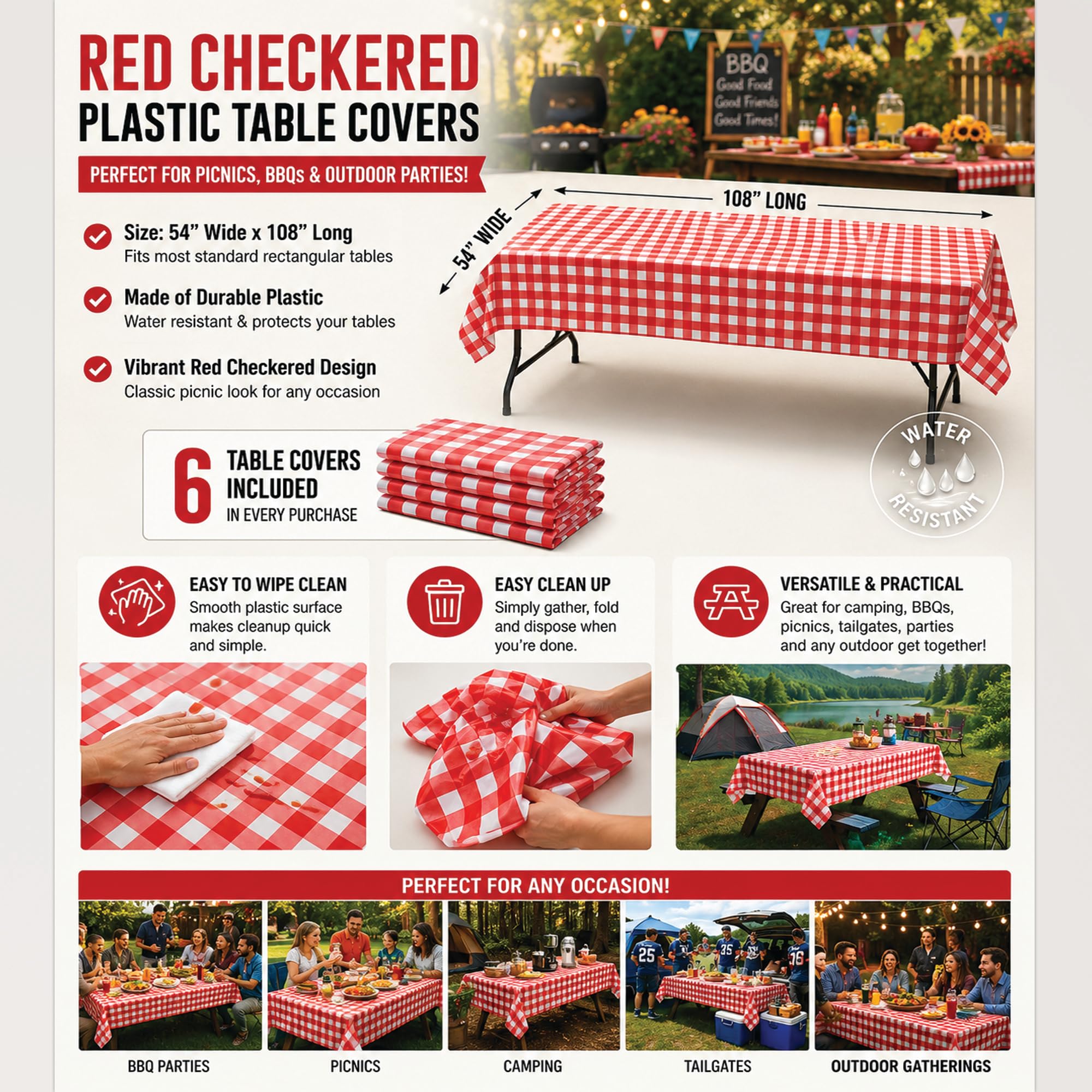 Mantel de plástico a cuadros | 6 unidades – 54 pulgadas de ancho x 108 pulgadas de largo | Mantel desechable de picnic rojo y blanco | Mantel rectangular de cuadros para cumpleaños, carnavales,