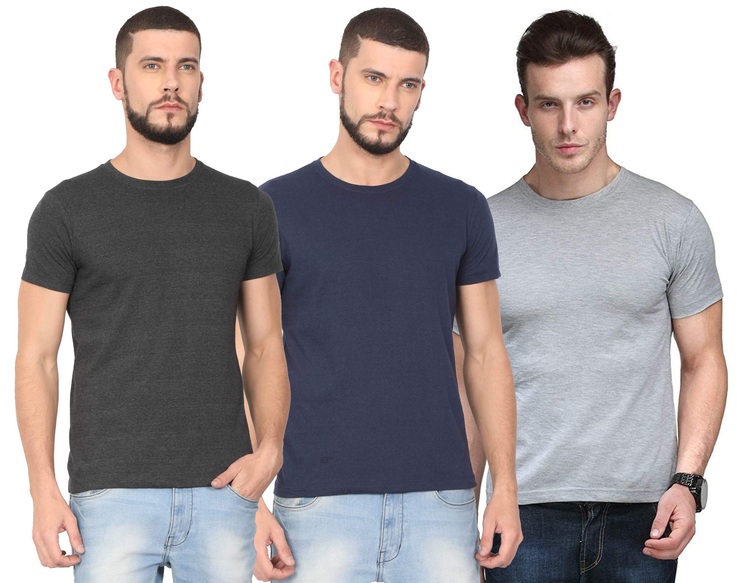 CNMNMen's Scottish Polo Cotton Basic Round Neck Half Sleeves Solid Regular Fit T-Shirt (Charcoal , Navy Blue, Grey , Small) -Combo of 3