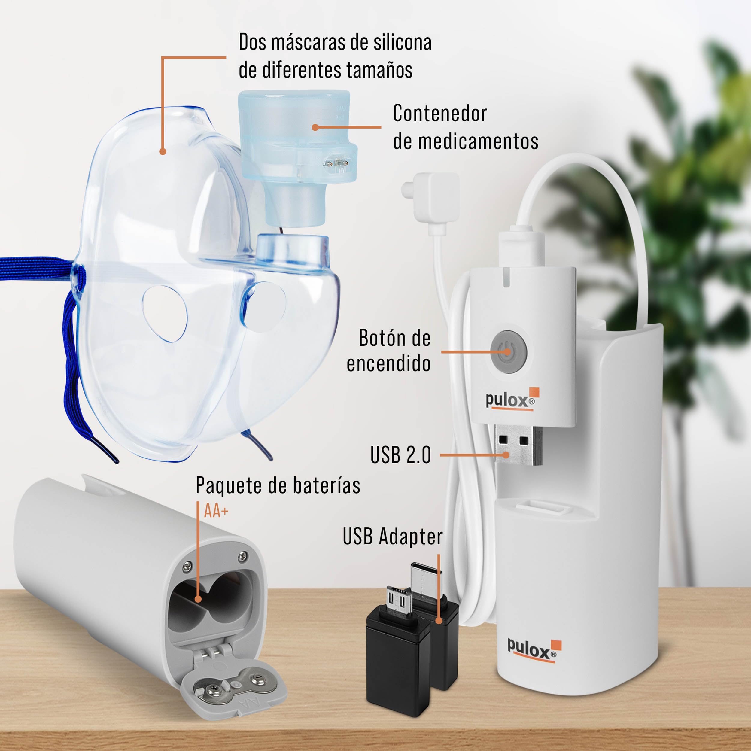 Pulox IN-200 Vapo Nebulizador - Inhalador portátil con mascarilla para adultos y niños resfriados o asmáticos - Uso manos libres