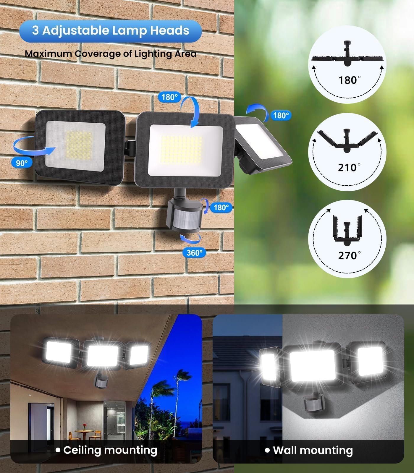 MEIHUA 100W LED Strahler Mit Bewegungsmelder Fernbedienung 9600LM IP66 | Wasserdicht Wasserdicht Flutlicht 6500K Drei-Kopf 270° Verstellbar Scheinwerfer Kaltweiß Für Außen Garten Garage Sportplatz
