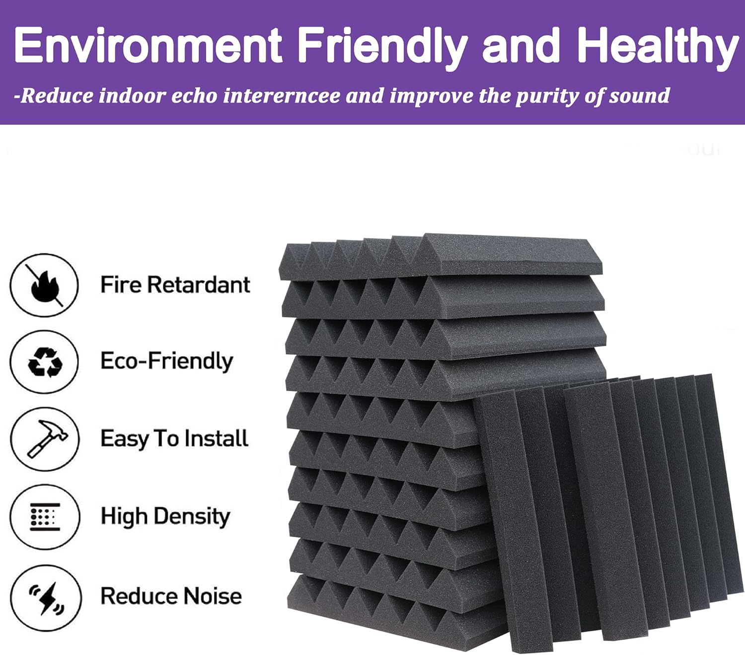 24 Pack Acoustic Panels,2" x 12" x 12"Sound Proof Foam Panels for Wall,Fireproof Absorbing Noise Cancelling Panels,to Absorb Noise and Eliminate Echoes. (12 Purple+12 Black)