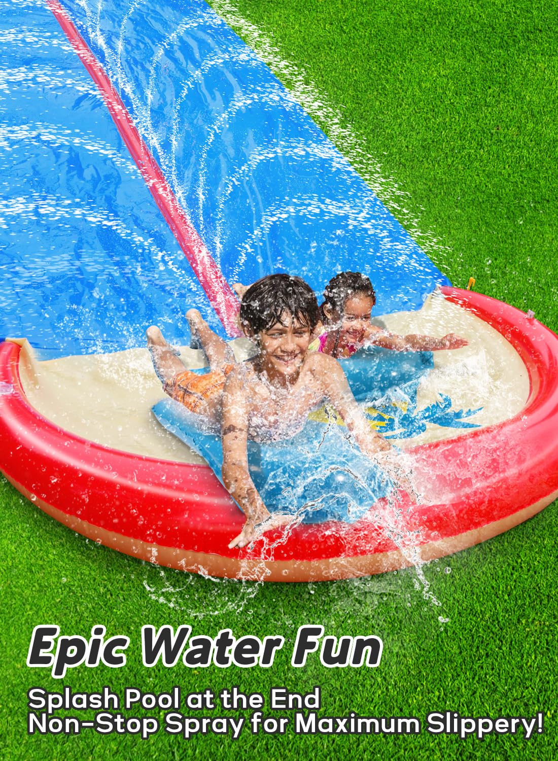 Slip and Water Slide for Kids and Adults Extra Long Heavy Duty Lawn Backyard Water Slides with Two Inflatable Bodyboards and Double Lane Water Toys Summer