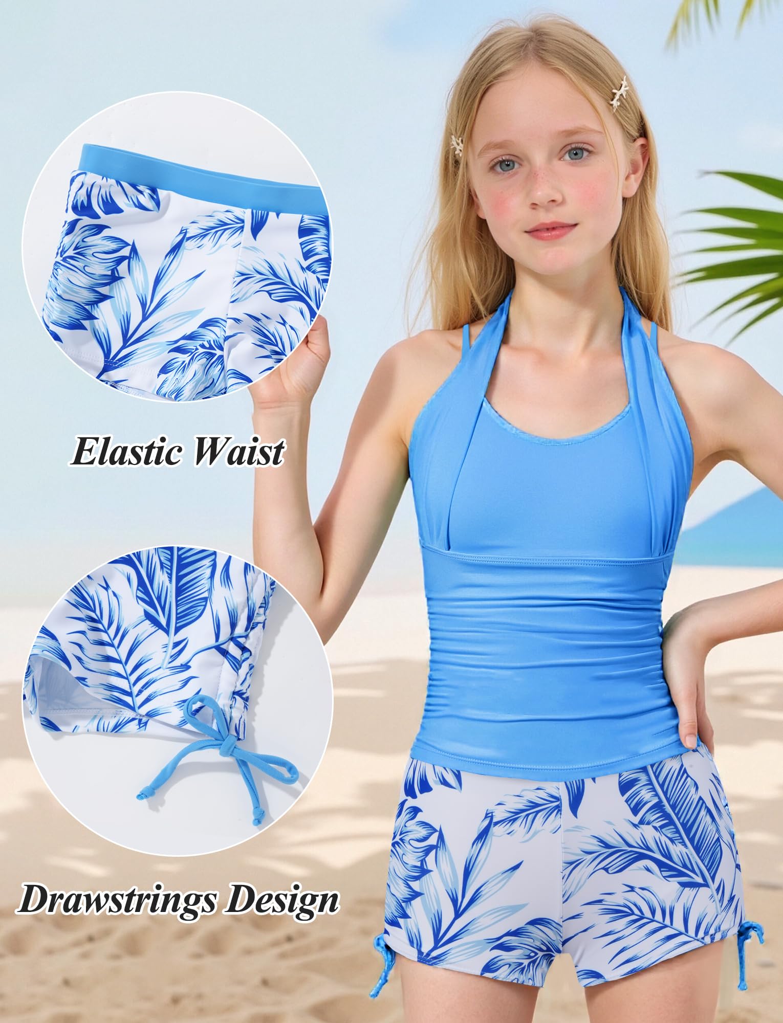 Happy Cherry Maillot de Bain 2 Pièces Ado Fille Tankini Bretelles et Shorty Imprimé avec Cordons Ajustables Ensemble de Plage Piscine 7-16 Ans