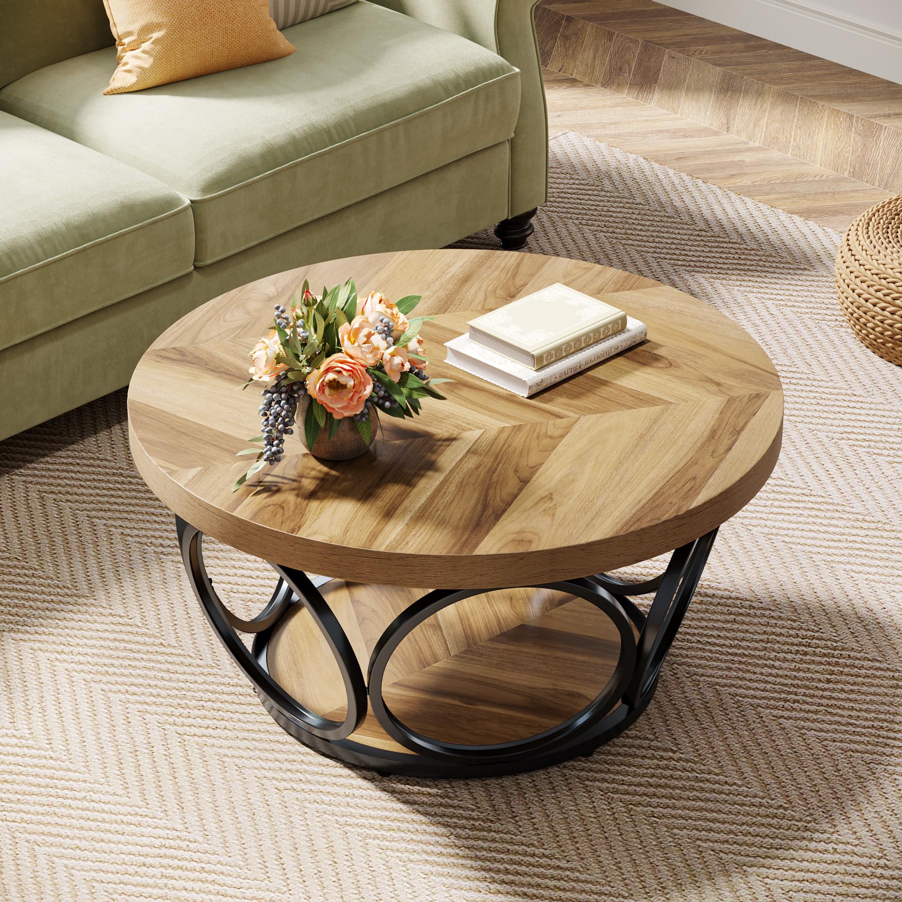 Tribesigns Runder Couchtisch, 80 cm Holztisch mit 2-Ebenen Lagerung, Bauernhaus Große Runde wohnzimmertisch, Moderne Einfache Braune Teetisch (Holzmaserung)