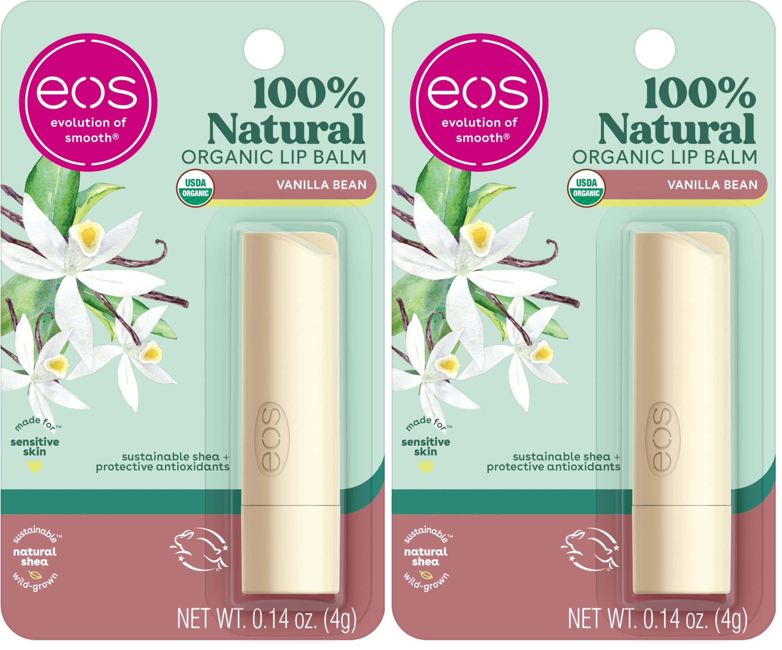 eos 100% Natural & Organic Lip Balm Stick- Vanilla Bean | Dermatologist Recommended for Sensitive Skin | All-Day Moisture Lip Care Products | 0.14 oz (Pack of 2)