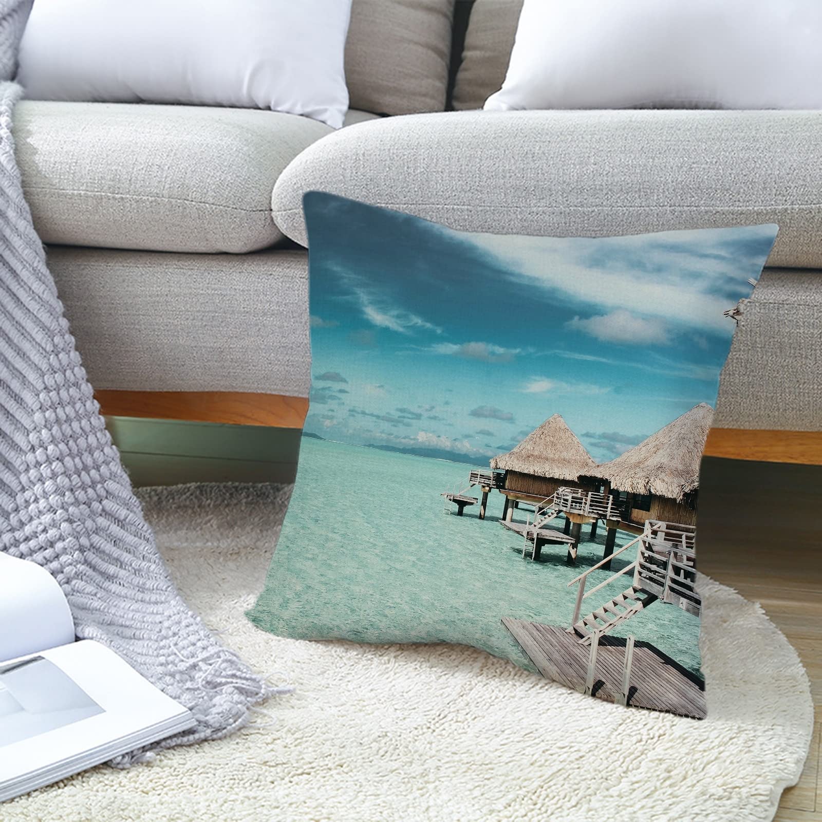 Juego de 4 fundas de almohada de 50 x 50 cm, color azul y beige
