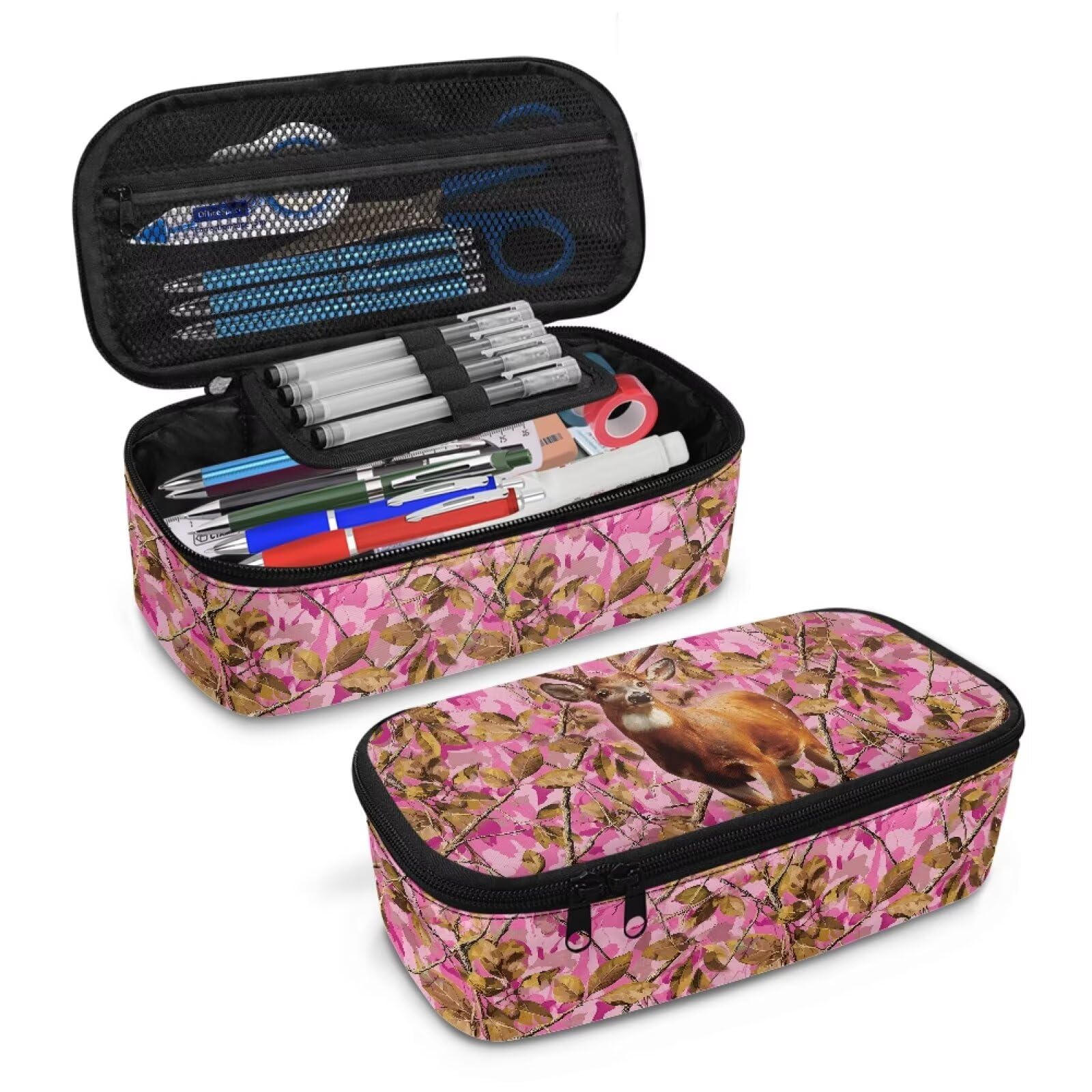 Deer Pencil Pouch for Girls Pink Forest Camo Pencil Bag for Kids Portable Large Pen Container with Mesh Pockets for School Students