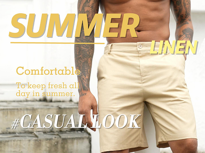 COOFANDY Mens Khaki Shorts Linen Flat Front Shorts Elastic Waist