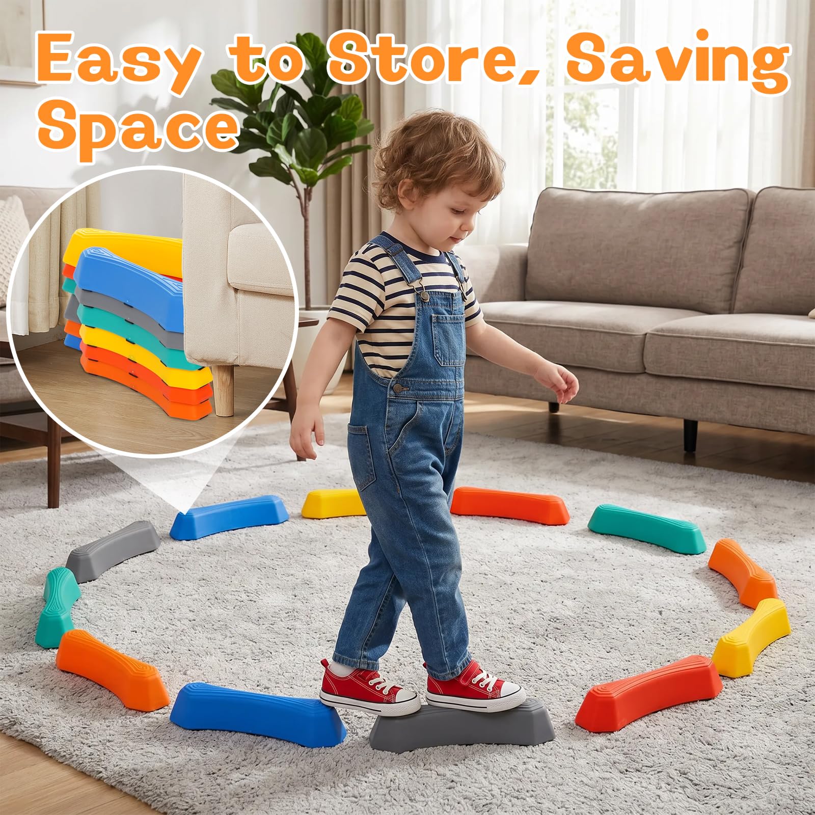 Balancierbalken Set Kinder, 12 Bunte Balanciersteine Modular Schwebebalken, Rutschfest Balance Board zur Förderung von Motorik & Koordination, Platzsparend Stapelbar, Indoor Outdoor Spielzeug